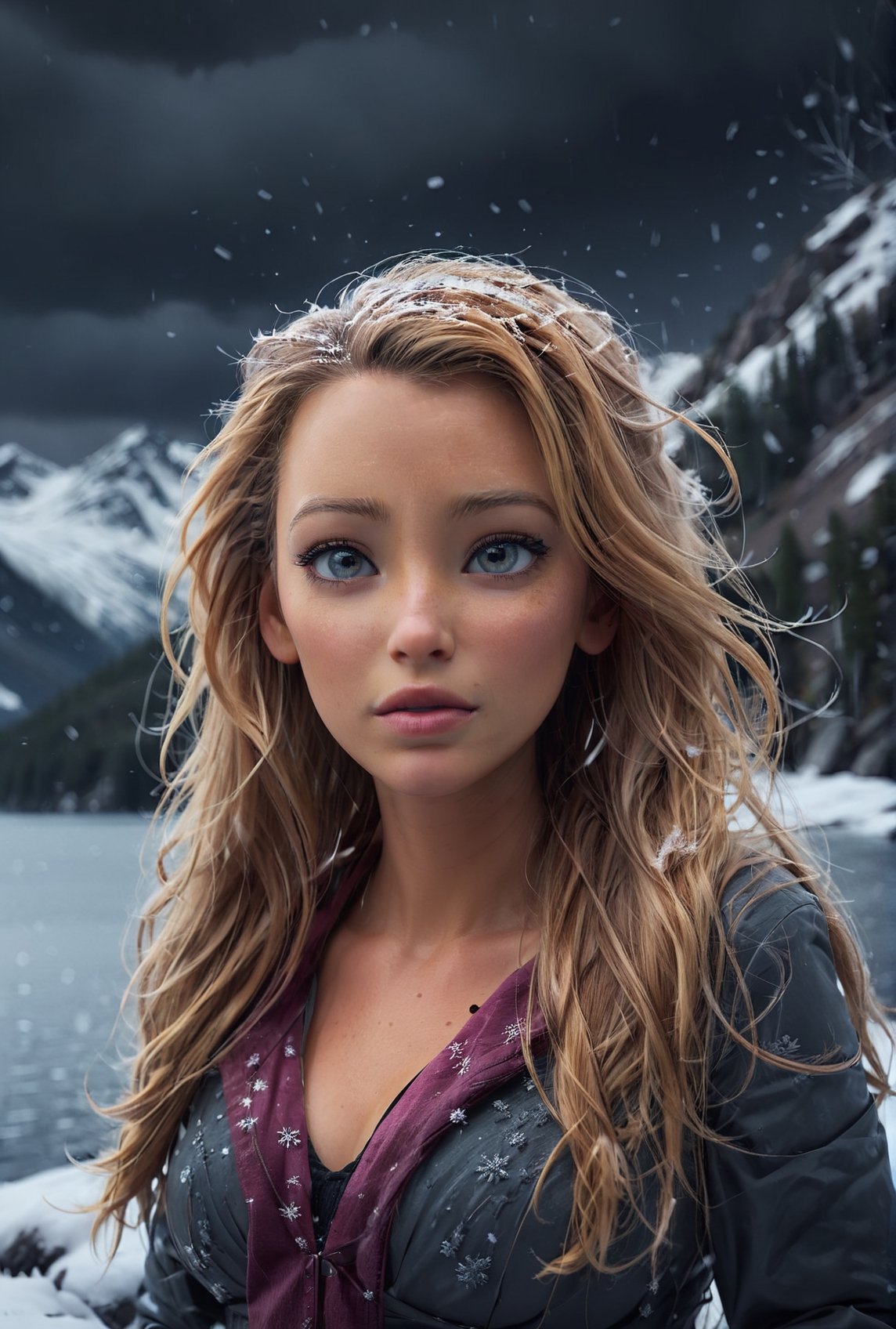 young woman, heavy snowfall, large snow flakes, (art by Nan Goldin :1.2) ,  dark sky, sad, melancholy atmosphere, messy long hair, wind, cinematic angle,  mountain top, (floating hair:1.3), frozen lake, depth of field, from back, masterpiece, best quality, highres, slate gray atmosphere, soft cinematic light, sharp focus, photolab, lightroom,  ,blake lively