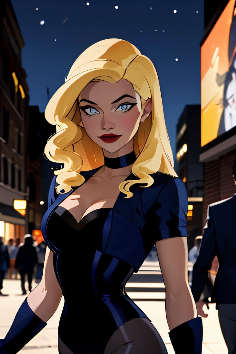 ((masterpiece,best quality)), absurdres,
lora:Black_Canary_JLU:0.7, Black_Canary_JLU, 
solo, smiling, looking at viewer, cowboy shot, 
night sky and city in background, cinematic composition, dynamic pose,
,Black_Canary_JLU