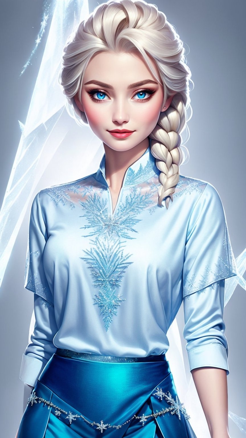 elsa, elsa from frozen, (blue dress), 1girl, holding a magic ice spell, wearing a mechanical mask, (gl1chr03:0.75), (masterpiece, best quality, good quality:1.4), masterpiece, intricate details,  (shirt:1.5), (white shirt), pants, skirt, cute face, detailed face, shaded face,  
,Elsa