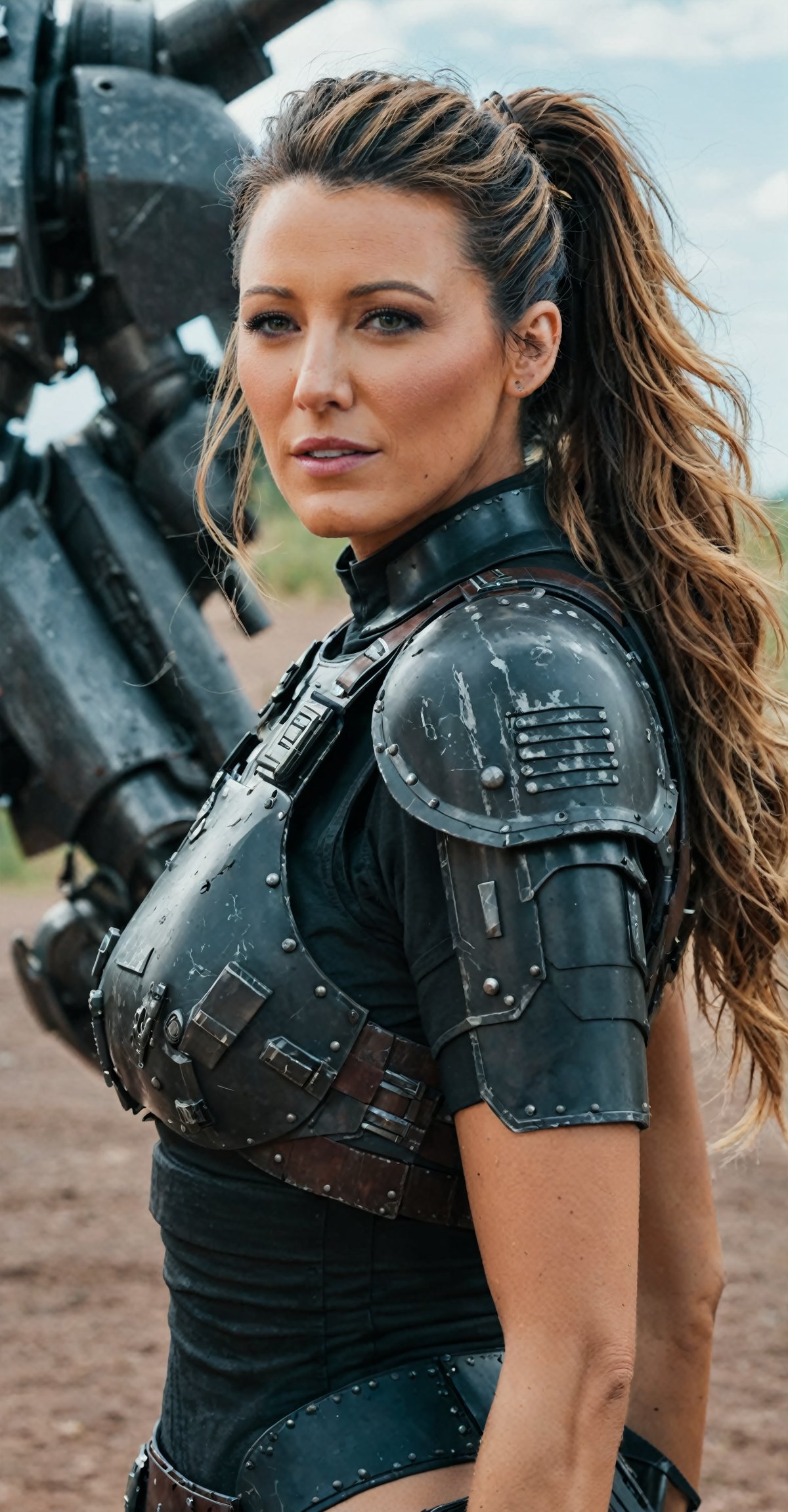 blake lively,ohwx woman,happy,color graded cinematic,high quality photography,brown hair,two-tone hair,black hair,ponytail,wasteland,armor,power_armor,skin pores,4k textures,4k resolution,DLSR,Canon EOS R3,,
