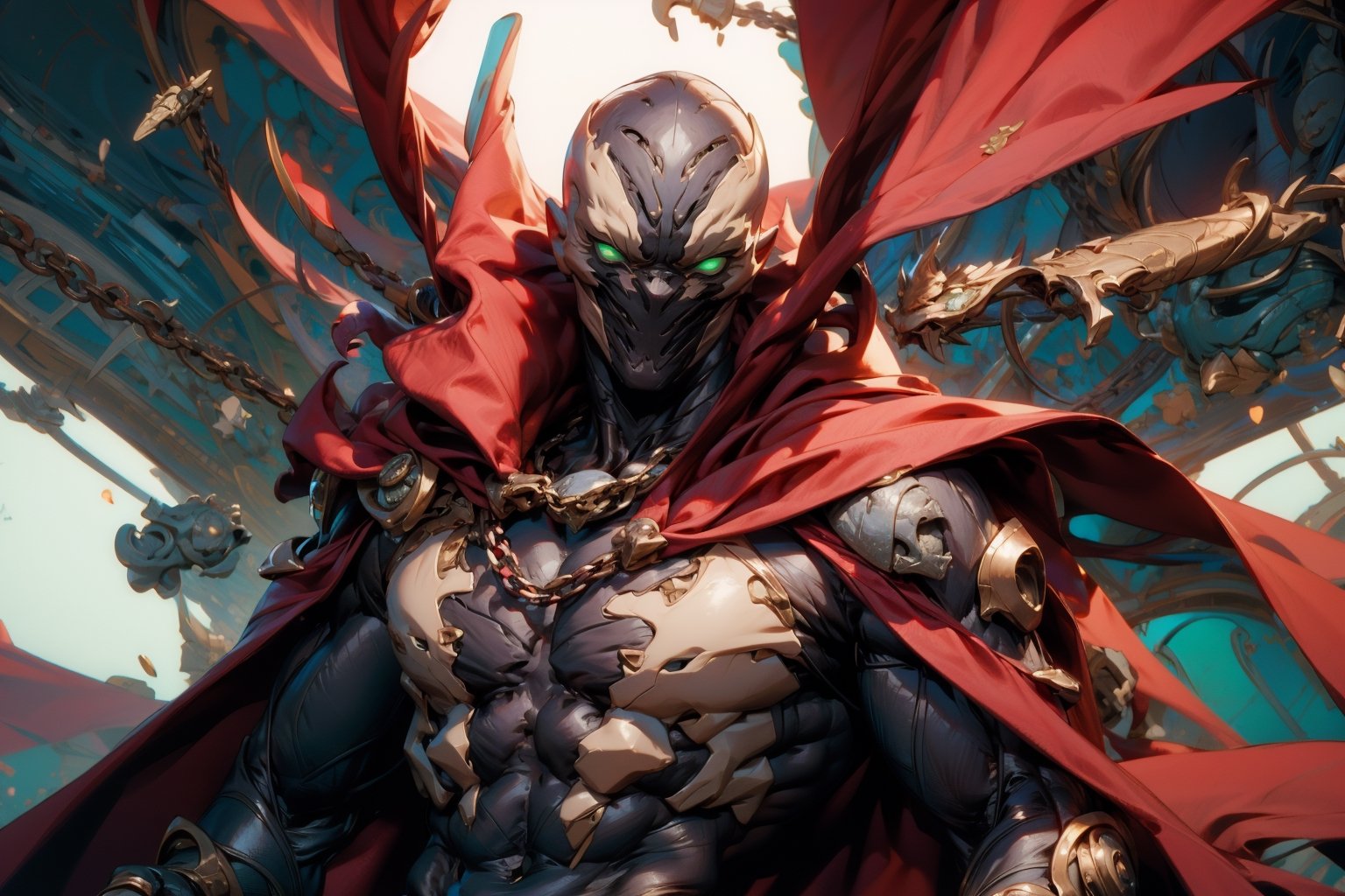 (masterpiece:1.2, best quality:1.2), ((masterpiece)), (((best quality))), ((ultra-detailed)), ((illustration)), (1man, male, solo), lora:spawn-000020:1.0, (spawn, red cape, chains, green eyes), buff, mask, white markings, full black suit, broad shoulders
,spawn