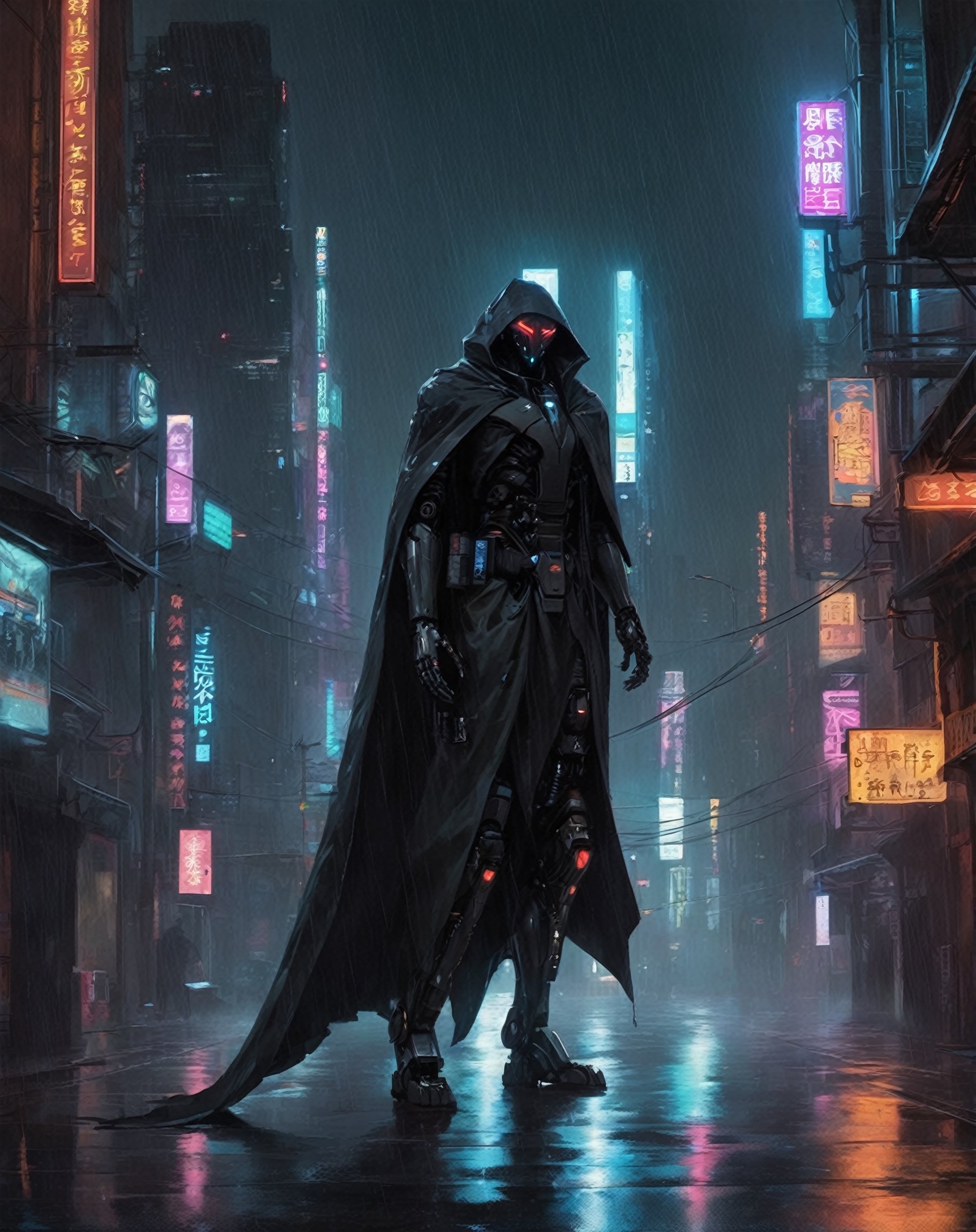 concept art matte paintingin the rainy streets of a cyberpunk city at night domination of a tall dark robot wind sorcerer with glowing eyes and a cape Artstation,Greg Rutkowski
