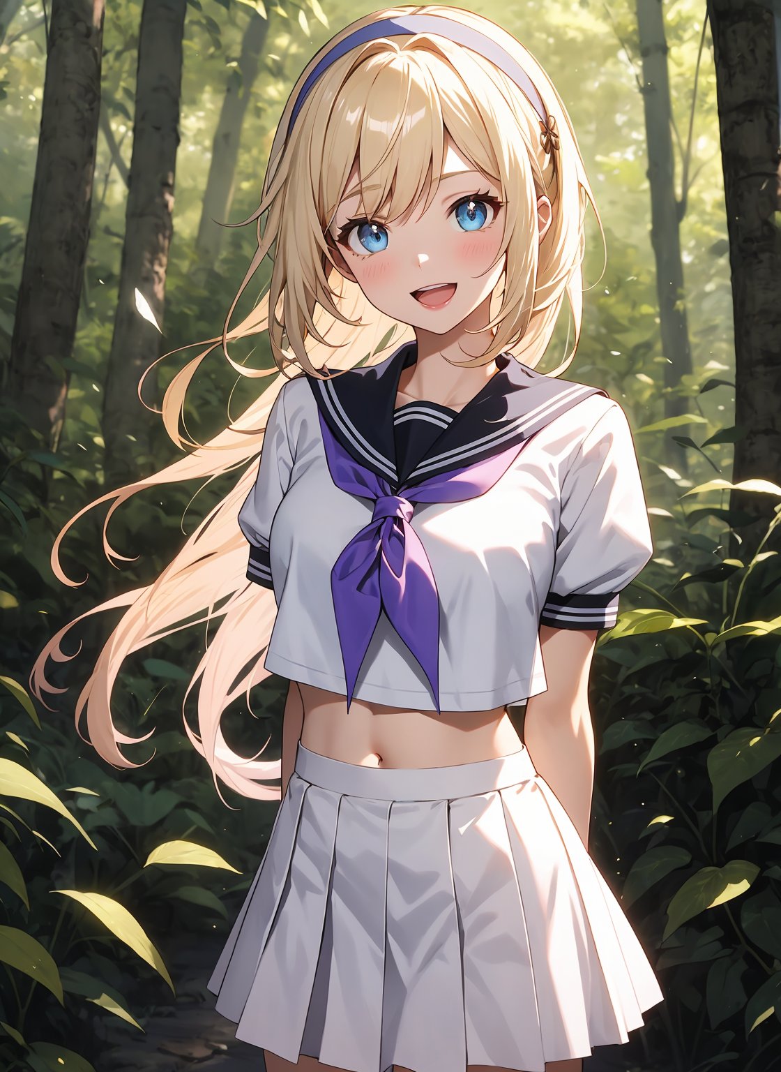 1girl,smile,honkai impact 3rd,hoyun,white serafuku,white shirt,stomach,elysia (honkai impact),skirt,white skirt,detailed forest background,purple neckerchief,arms behind back,highres,midriff,1girl, d,cowboy shot,looking at viewer,honkai (series),solo,white hairband,neckerchief,puffy sleeves,shirt,deep forest background,miniskirt,short sleeves,crop top,puffy short sleeves,pleated skirt,navel,commentary request,long hair,very long hair,hairband,school uniform,serafuku,standing,open mouth,blue eyes, blonde hair,