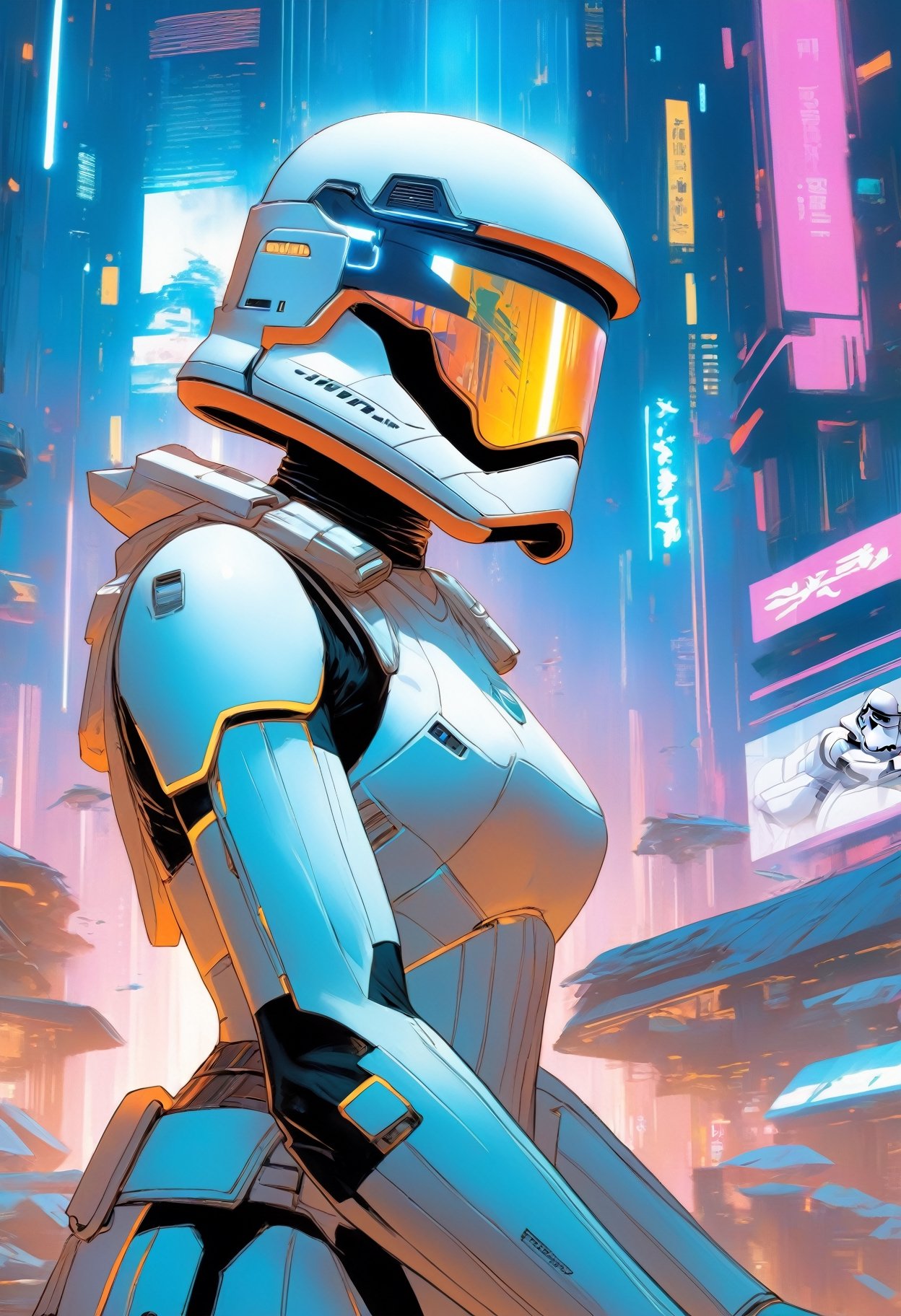 Anime artwork. Female Storm Trooper,  wearing VR helmet,  hacking on a computer. cyberpunk 2077 cityscape by King1980 on T...