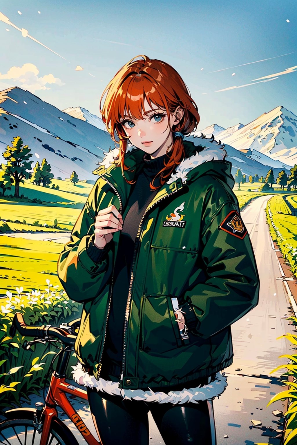 (best quality, masterpiece:1.1),   cowboy shot,     (1female), easygoing face, orange hair, very long hair, spiked hair,        (Shearling Oversized down jacket), (Shearling Oversized puffer jacket), (winter clothes), ((bikes), countryside, pastoral, fields, farms alder),
