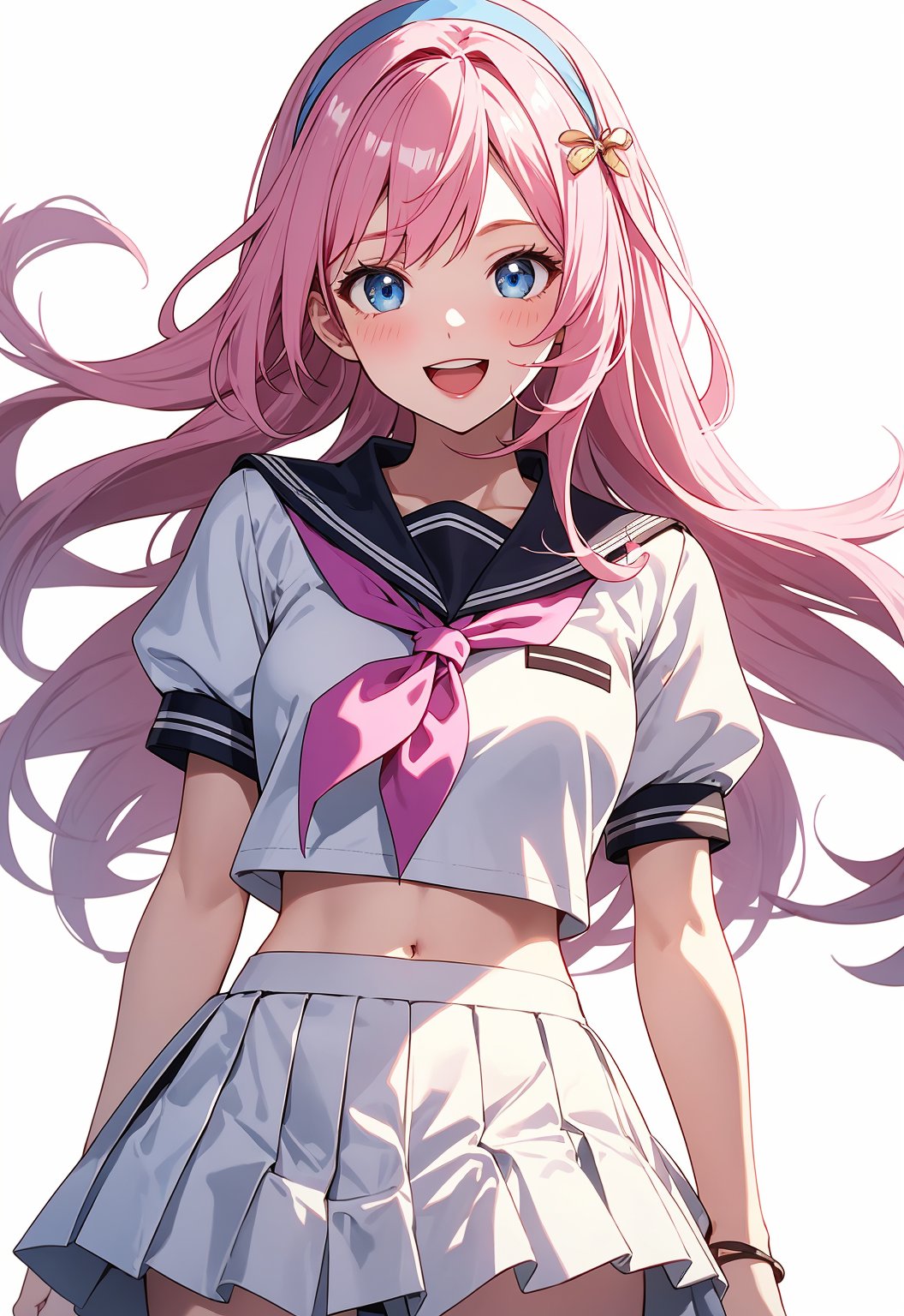 1girl,smile,honkai impact 3rd,hoyun,white serafuku,white shirt,stomach,elysia (honkai impact),skirt,white skirt,simple background,purple neckerchief,arms behind back,highres,midriff,1girl, d,cowboy shot,looking at viewer,honkai (series),solo,white hairband,neckerchief,puffy sleeves,shirt,white background,miniskirt,short sleeves,crop top,puffy short sleeves,pleated skirt,navel,commentary request,long hair,very long hair,hairband,school uniform,serafuku,standing,open mouth,blue eyes,pink hair,