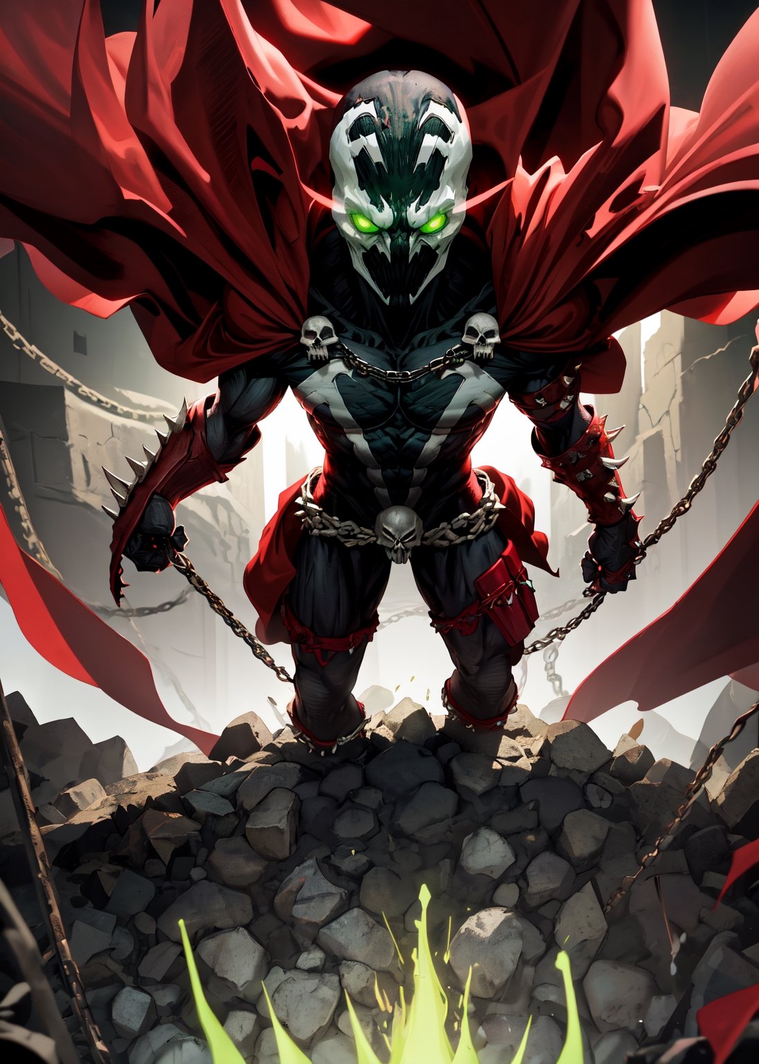 pixar style, closeup, focus on eyes, spawn2023, long red collar, red cowl, red cape, chains, skulls, glowing green eyes, textured suit, red gauntlets, spikes, dramatic lighting, 8k, muscular, uhd, best quality, award winning photo, rtx on, unreal engine 5, absurdres, long cape, large red boot, large gauntlet, flowing cape, asymmetrical red Armor,  mask, night, dramatic lighting, epic red cape, wide shoulders, spike shoulders, silver chain, cgi
