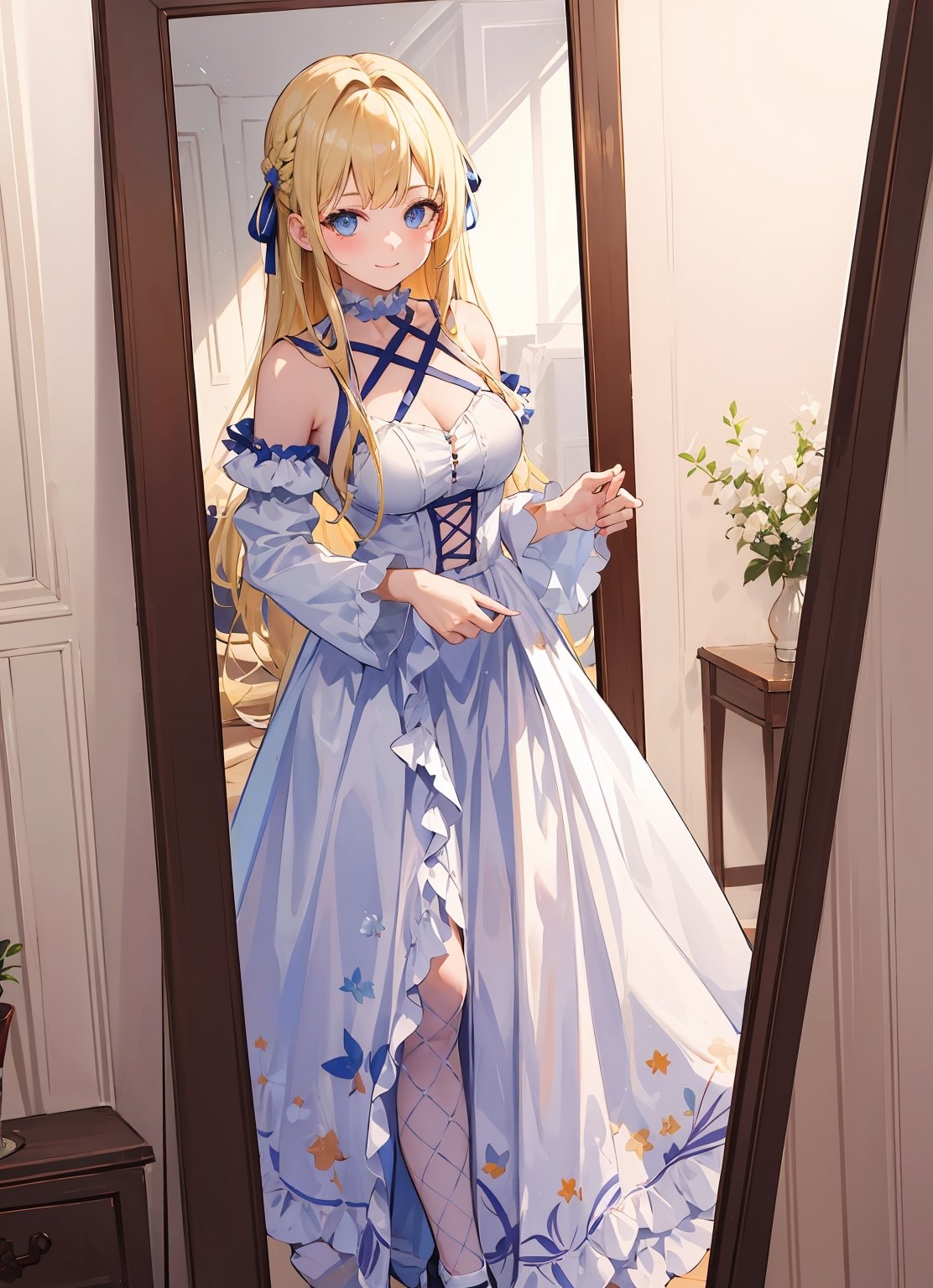  mirror,, ultra detailed, masterpiece, best quality, solo, soft smile, light smile,
1girl, blue eyes, very long hair, blonde hair, long blonde hair, french braid, bangs, medium breasts,
hair ribbon, frilled choker, criss-cross halter, sleeveless dress, high-waist skirt, backless dress, waist bow, detached sleeves, frilled sleeves, wide sleeves, pantyhose, patterned legwear, mary janes,
