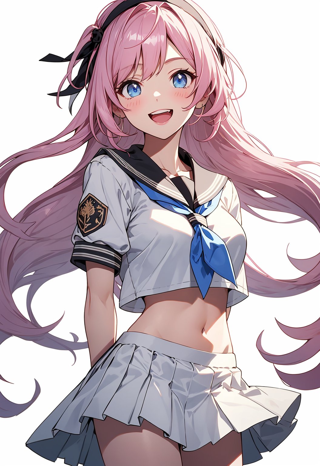 1girl,smile,honkai impact 3rd,hoyun,white serafuku,white shirt,stomach,elysia (honkai impact),skirt,white skirt,simple background,purple neckerchief,arms behind back,highres,midriff,1girl, d,cowboy shot,looking at viewer,honkai (series),solo,white hairband,neckerchief,puffy sleeves,shirt,white background,miniskirt,short sleeves,crop top,puffy short sleeves,pleated skirt,navel,commentary request,long hair,very long hair,hairband,school uniform,serafuku,standing,open mouth,blue eyes,pink hair,