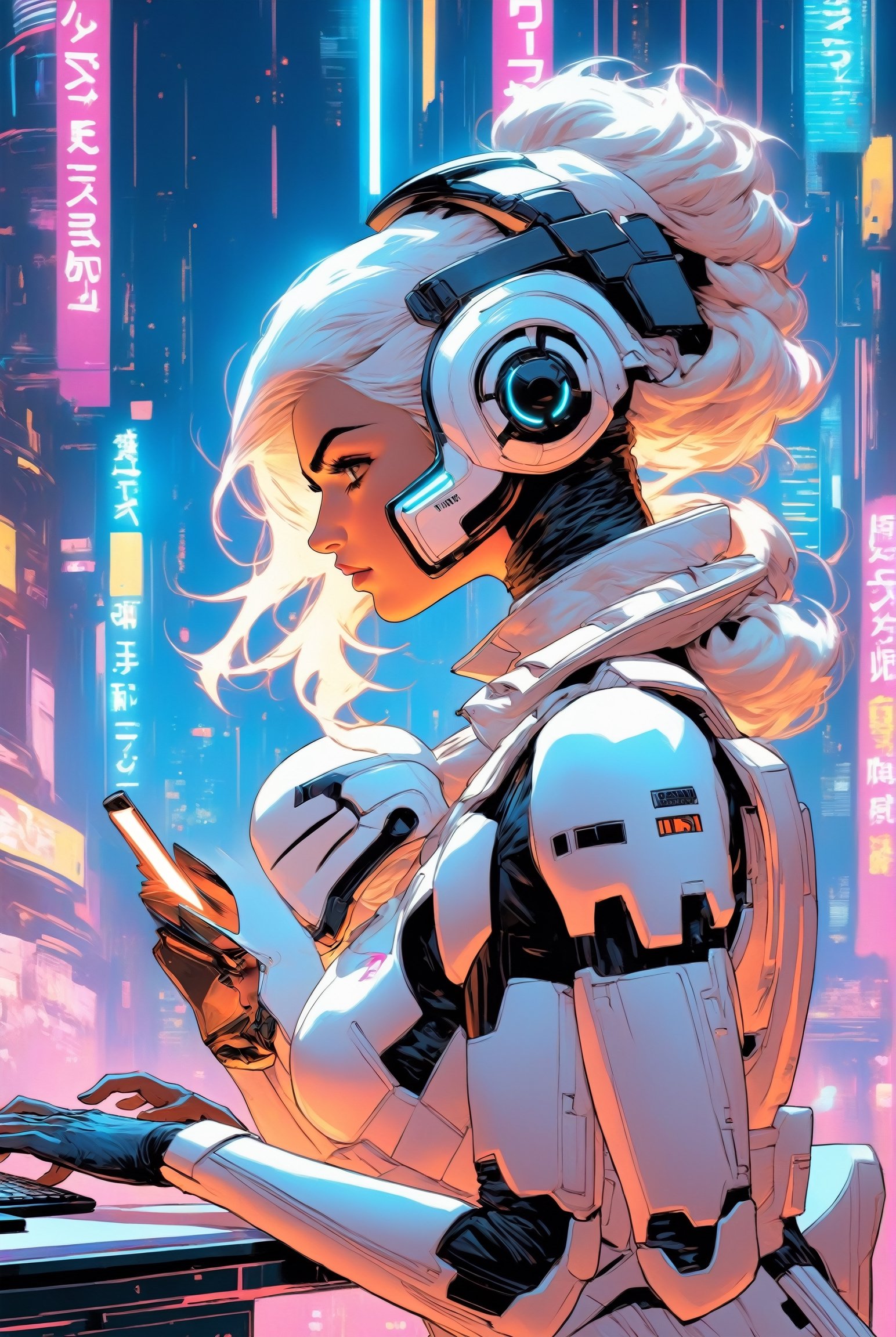 Anime artwork. Female Storm Trooper,  wearing VR helmet,  hacking on a computer. cyberpunk 2077 cityscape by King1980 on T...