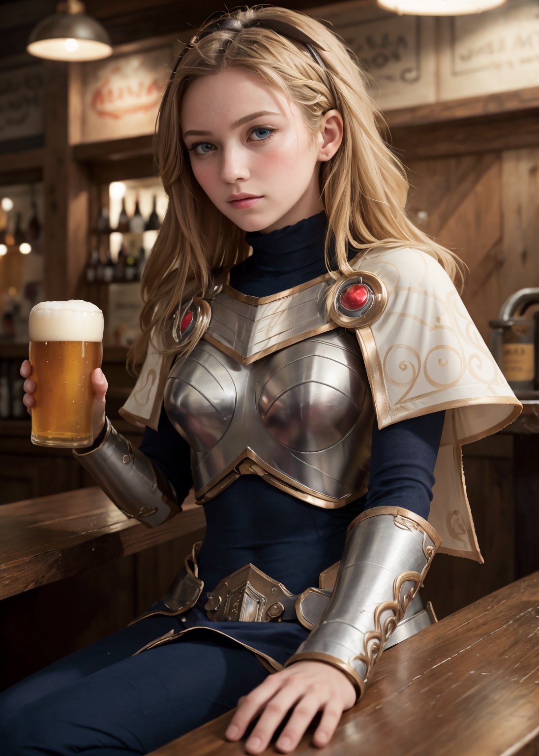 (best quality, masterpiece, perfect face, beautiful and aesthetic:1.2, colorful, dynamic angle, highest detailed face) 1girl, solo, (blushed, blank expression:1.1), 1girl, solo, ZenaMarienteil, long hair, bangs, brown gloves, cape, armor, breastplate, blonde hair, (soft light, dramatic light, sharp, HDR), (a woman in sitting at a bar with a glass of beer in front of her), (resting her chin on her palm), 
,lux1