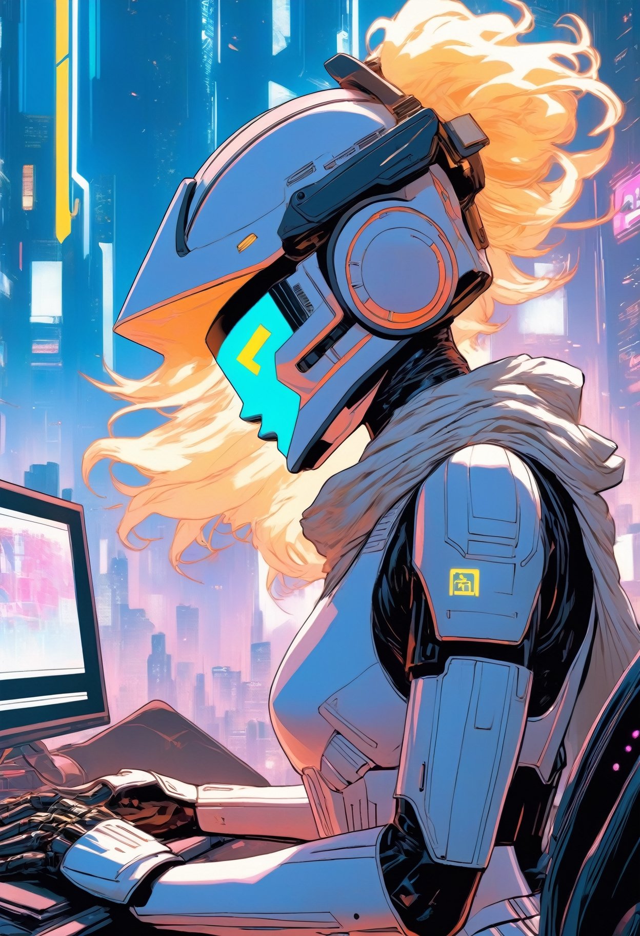 Anime artwork. Female Storm Trooper,  wearing VR helmet,  hacking on a computer. cyberpunk 2077 cityscape by King1980 on T...