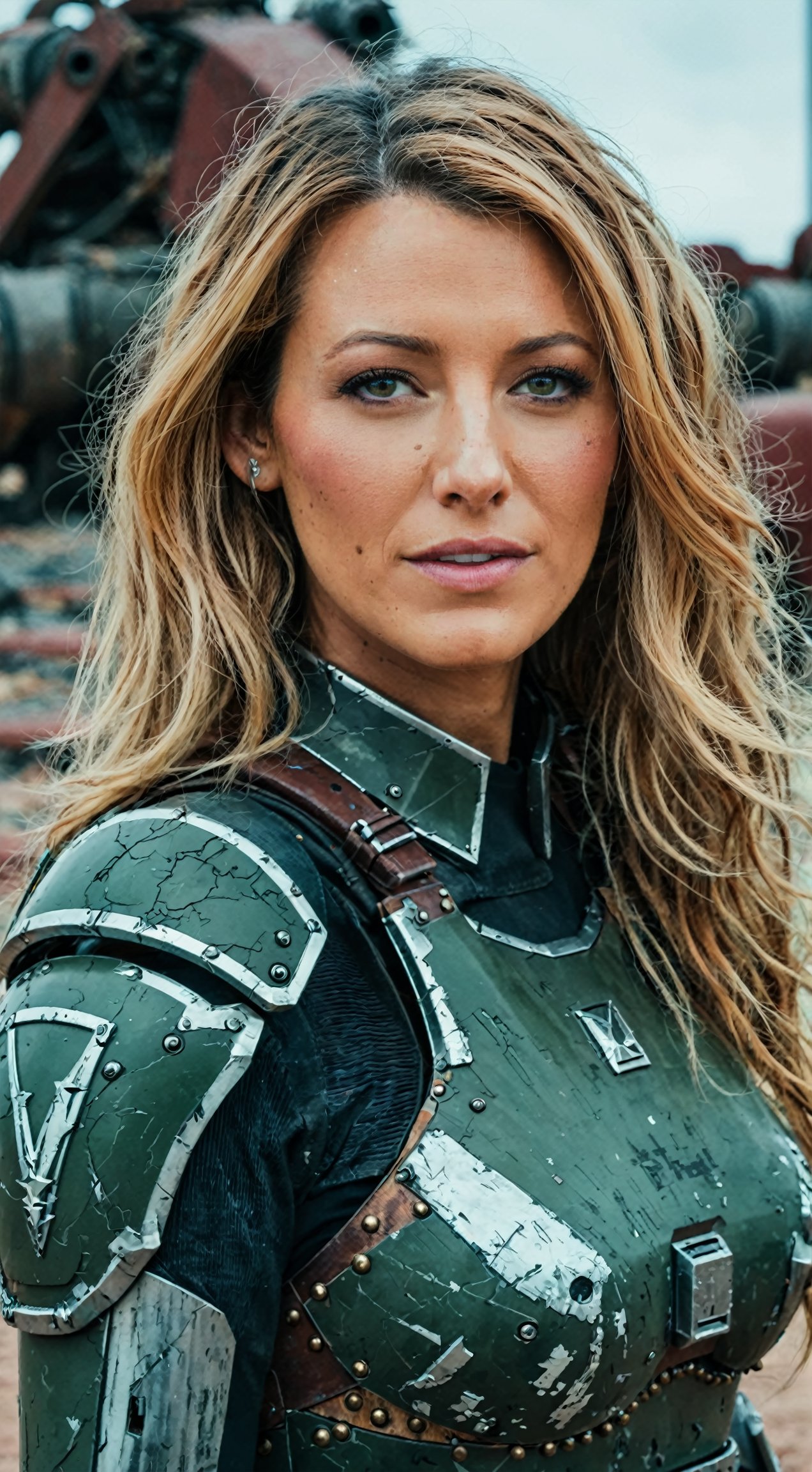 blake lively,ohwx woman,happy,color graded cinematic,high quality photography,two-tone hair,wasteland,armor,power_armor,skin pores,4k textures,4k resolution,DLSR,Canon EOS R3, lora:blakelively_SDXL:0.8,
