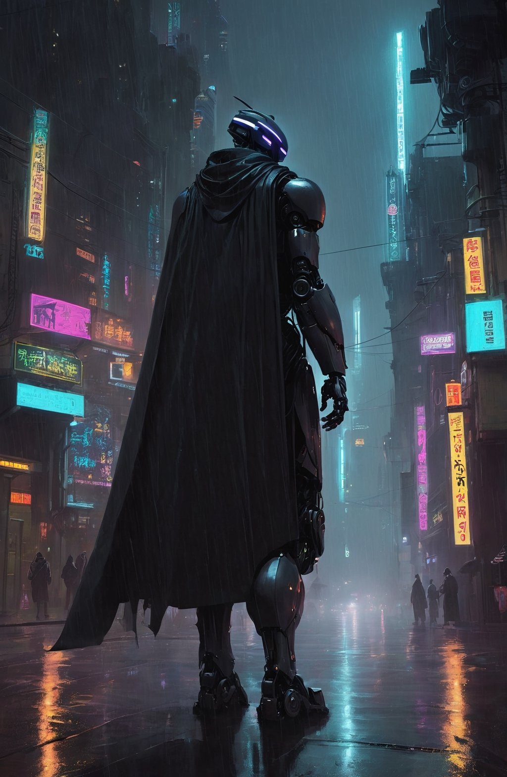 concept art matte paintingin the rainy streets of a cyberpunk city at night domination of a tall dark robot wind sorcerer with glowing eyes and a cape Artstation,Greg Rutkowski
