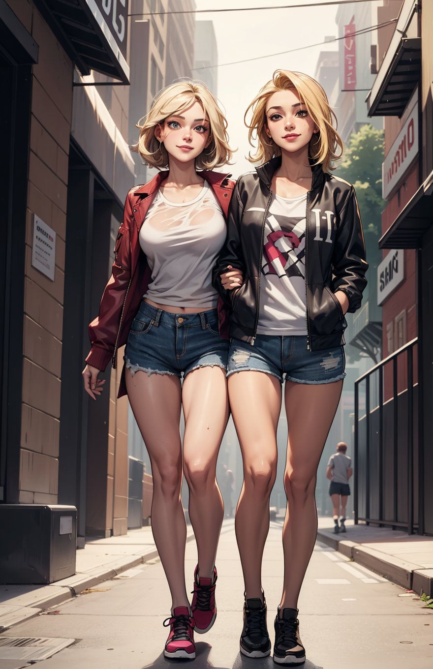 swedish girl, beautiful face, blonde, torn shirt and denim shorts , long legs, sweating through, Nice warm colors,2 girl, twin sisters, closed together, walking, hand in hand, smile, city background, Best Quality, masterpiece, new york city_background, full body, perfect body,Grt2c,dabuFlatMix_v10.safetensors