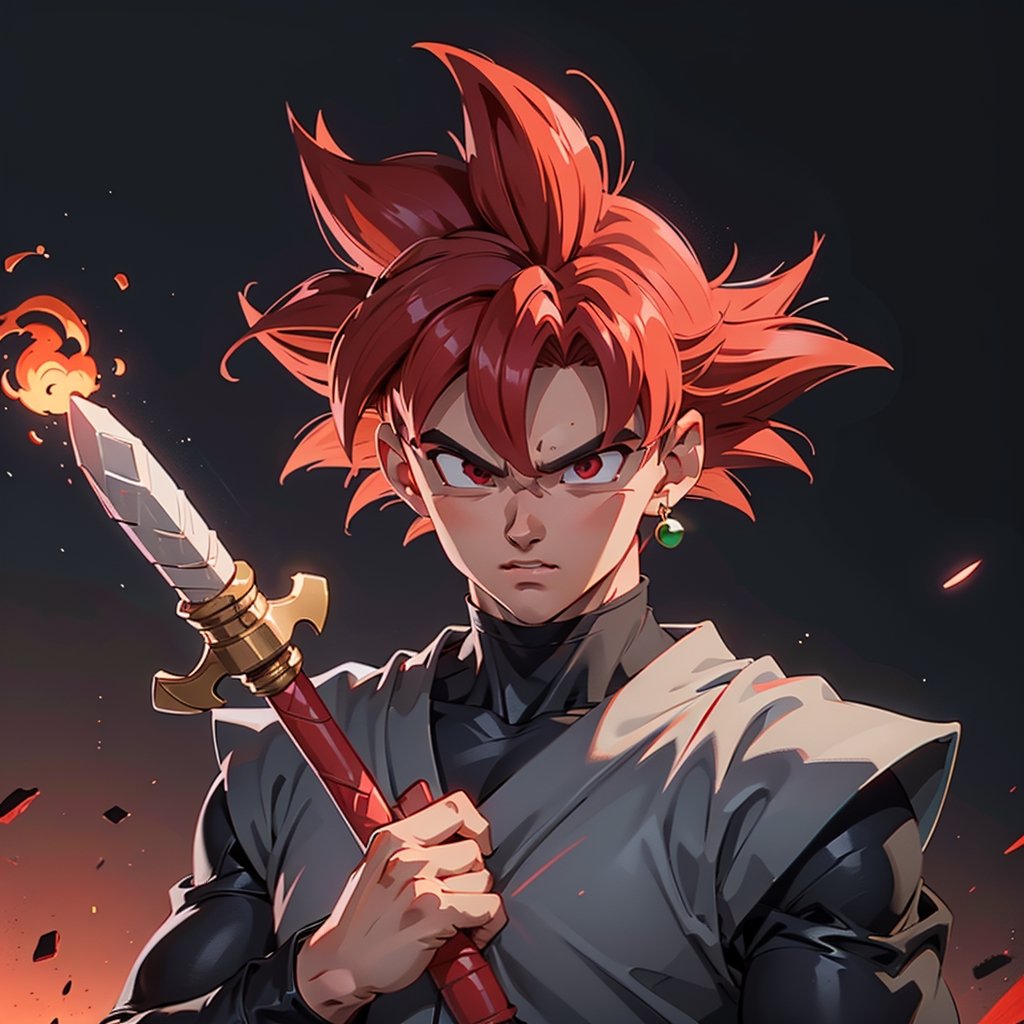 lora:Goku_Black:0.7, Best_QualityPos, RAW photo, intricate details, best quality, 8k uhd, soft lighting, 1boy, solo, red eyes, red hair, spiked hair, single earring, dougi, IncrsUnsheathingAKatanaMeme, sheath, holding sheath 
