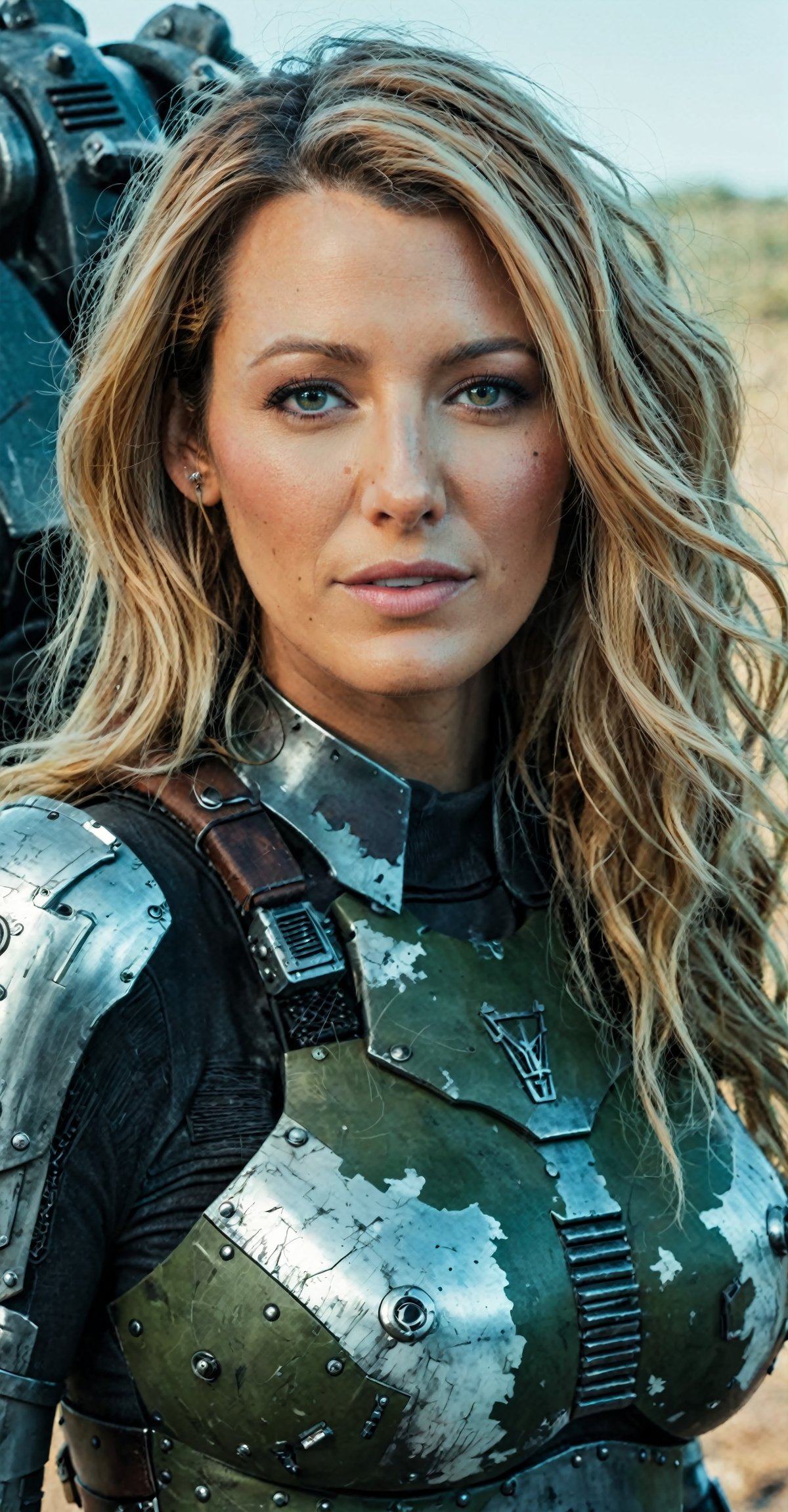 blake lively,ohwx woman,happy,color graded cinematic,high quality photography,two-tone hair,wasteland,armor,power_armor,skin pores,4k textures,4k resolution,DLSR,Canon EOS R3, lora:blakelively_SDXL:0.8,
