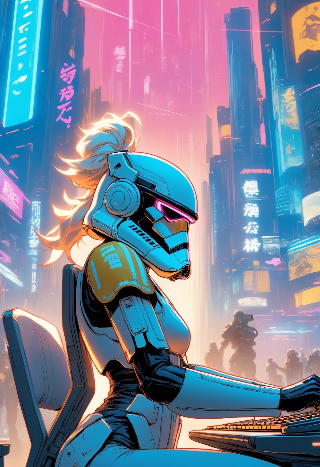Anime artwork. Female Storm Trooper,  wearing VR helmet,  hacking on a computer. cyberpunk 2077 cityscape by King1980 on T...