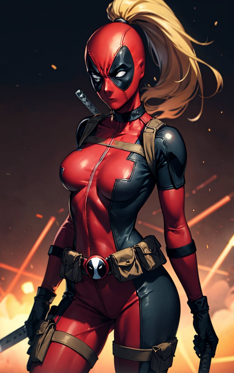 masterpiece, best quality, highres, contrapposto,
BodySuit_lady_deadpool_ownwaifu,
1girl, mask, blonde hair, ponytail, long hair, large breasts, no pupils, 
bodysuit, skin tight, superhero, belt pouch, utility belt, red bodysuit, gloves, weapon on back, thigh pouch, thigh strap, thigh holster, belt buckle, turtleneck, 
 ,
light particles, depth_of_field, scenery, night, aerial fireworks, solo, cowboy shot, looking at viewer,
