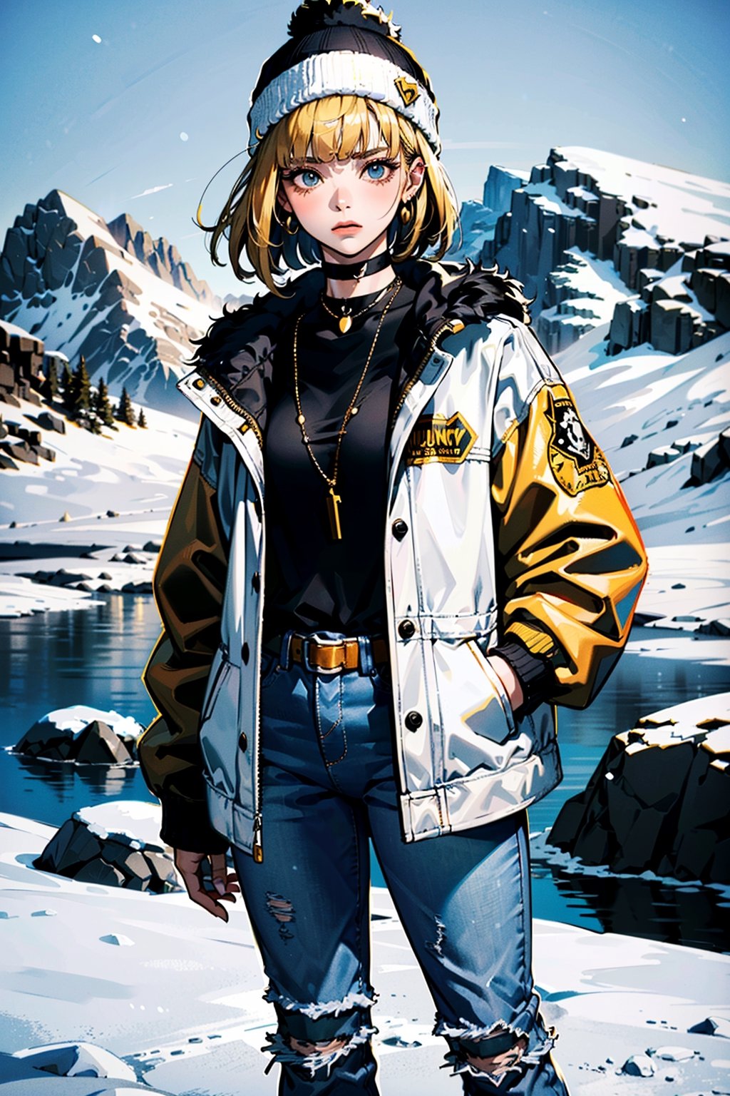 (best quality, masterpiece:1.1),   cowboy shot,     (1female), confused face, golden hair, absurdly short hair, blunt bangs,        bar earrings, black faux fur jacket, distressed boyfriend jeans, white ankle boots, black beanie hat, silver choker necklace, ( snowy mountaintop, winter clothes, standing on a rock),
