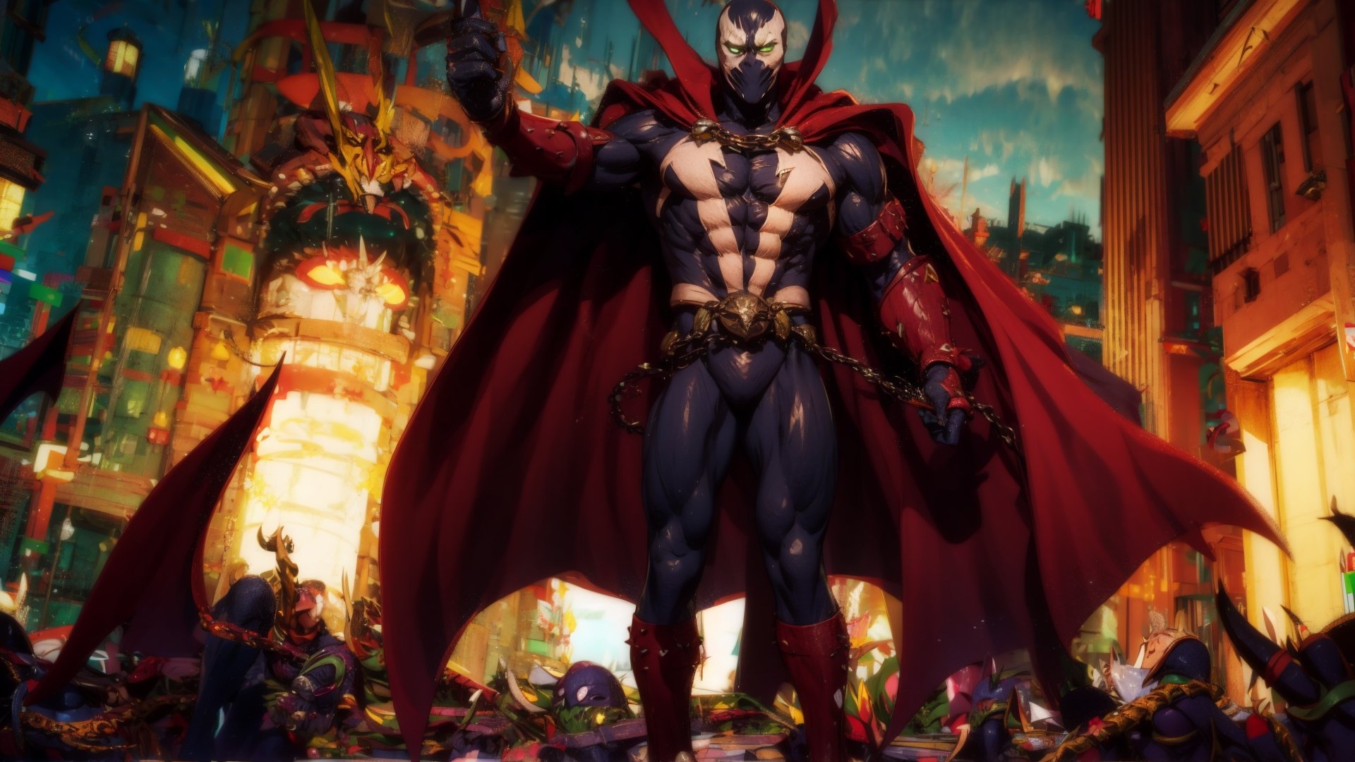 (masterpiece:1.2, best quality:1.2), ((masterpiece)), (((best quality))), ((ultra-detailed)), ((illustration)), (male), lyco:spawn-000020:1.0, (spawn, red cape, chains, green eyes), mask, white markings, full black suit, chaos, super wide angle shot, ((standing over an army of demons, armies of hell, a legion of souls))