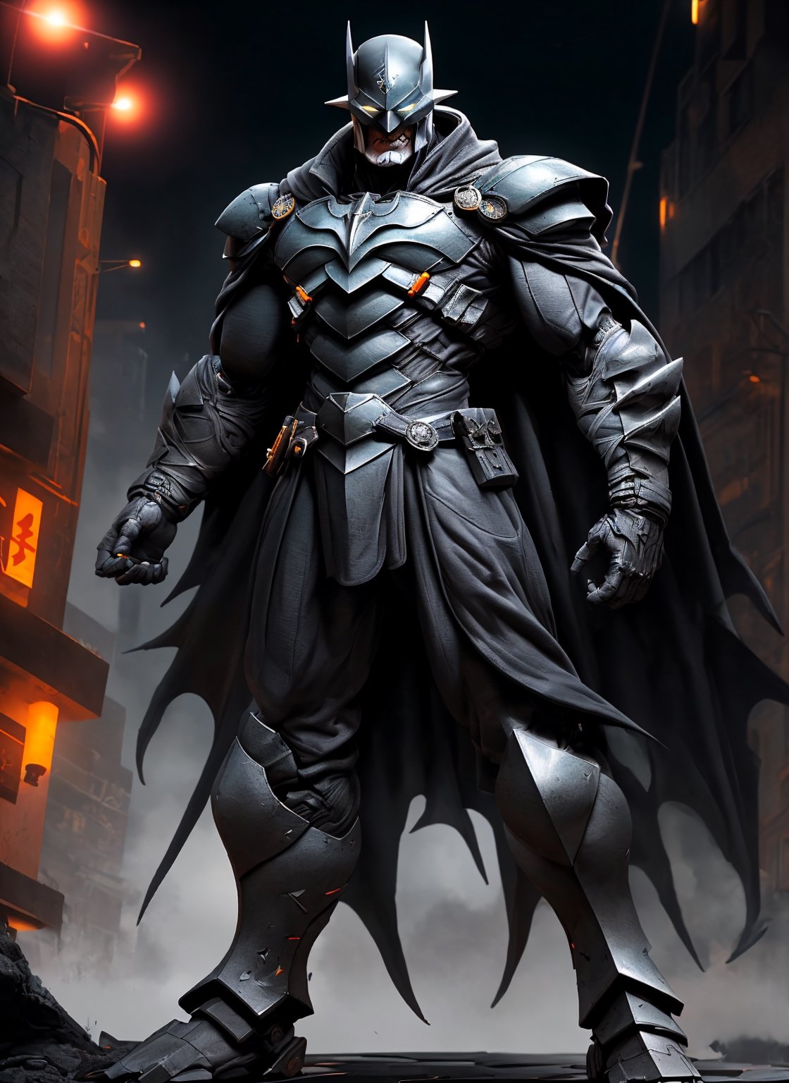 1boy,armor, crown, black cape, in dynamic pose,dynamic angle, shoulder armor, upper armor, helmet, headgear, mechanical jawcityscape, strong rim light, absurdres, 1boy, (at night:1.4), dark alley, moon, BREAK grey (android (batmanwholaughs:0.8)) in (matte black hardsuit:1.2), military, roughed up, mechanical arms, city fog, (glowing white eyes)  lora:nijiarmor_v2:0.9, lora:BatmanWhoLaughs:0.5