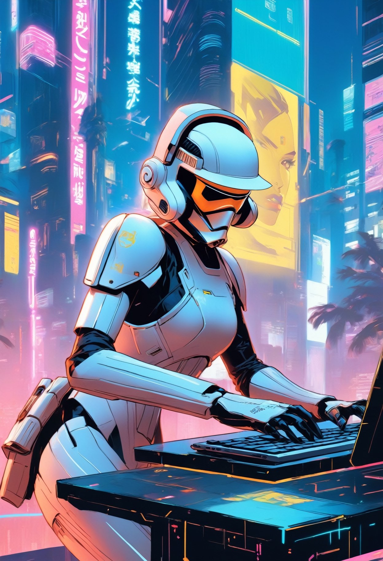 Anime artwork. Female Storm Trooper,  wearing VR helmet,  hacking on a computer. cyberpunk 2077 cityscape by King1980 on T...