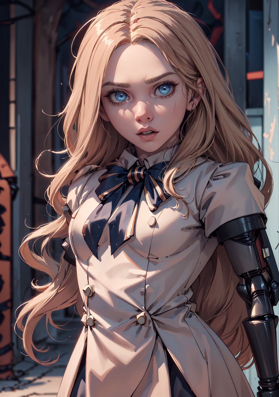 ,(looking at viewer),(cowboy shot dynamic pose:1.22),M3GEN/(Robot Girl/), 1girl, solo, long hair, blonde hair, realistic, blurry, blue eyes, bow, photo inset, full body, bowtie, parted lips, ribbon, lips,detailed shiny skin,perfect and very white teeth,finely detailed beautiful eyes,Ultra-fine facial detail,eyelashes,Glossy pink lips,(detailed The dark and terrifying alleys background:1.4),in the room, (day:1.33),depth of field,intricate,elegant,highly detailed,digital photography,masterpiece,