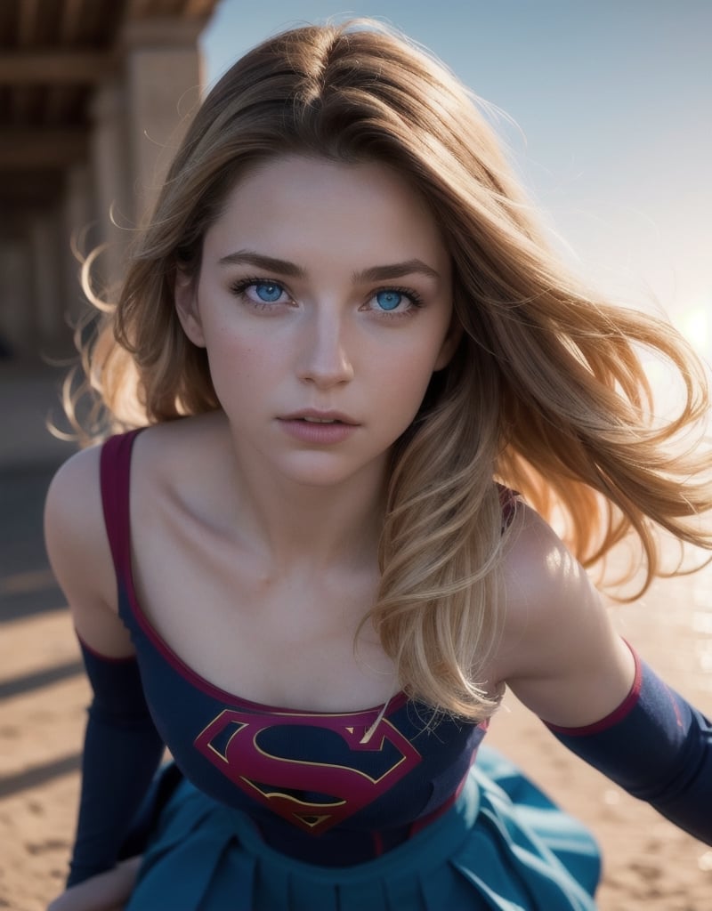 8k, best quality, real picture, intricate details, ultra-detailed, ultra highres, depth field,(photorealistic,realistic:1.2),masterpiece,photo of  european girl, supergirl, blue eyes, blonde hair, long hair, cape, skirt, pantyhose, superhero, solo, sun, blue sky,
best quality, realistic, photorealistic, (intricate details:1.2), (delicate detailed), (cinematic light), clear line, sharp focus, realistic face, detailed face,
unity 8k wallpaper, ultra high res, (photorealistic:1.4), looking at viewer 
