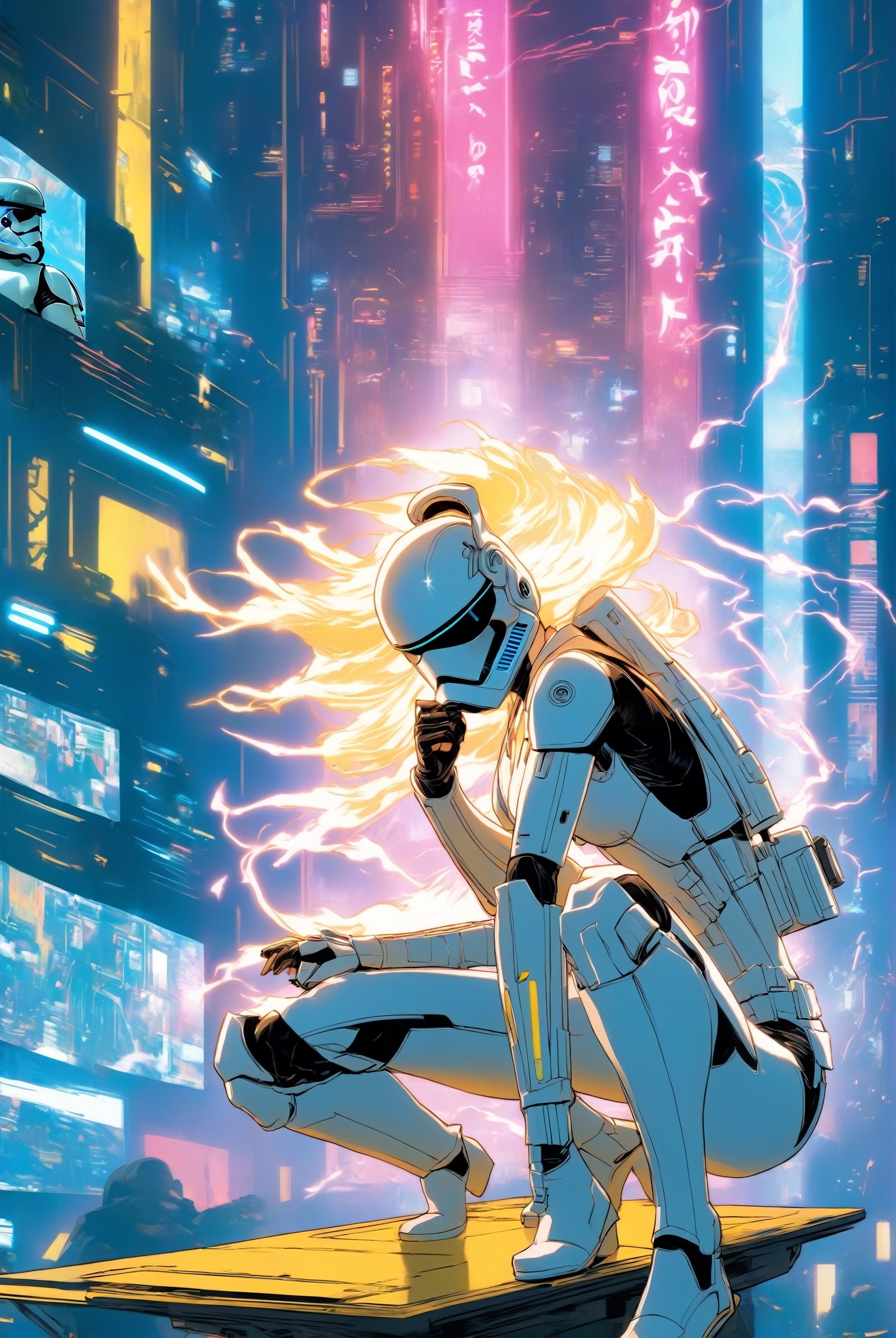 Anime artwork. Female Storm Trooper,  wearing VR helmet,  hacking on a computer. cyberpunk 2077 cityscape by King1980 on T...