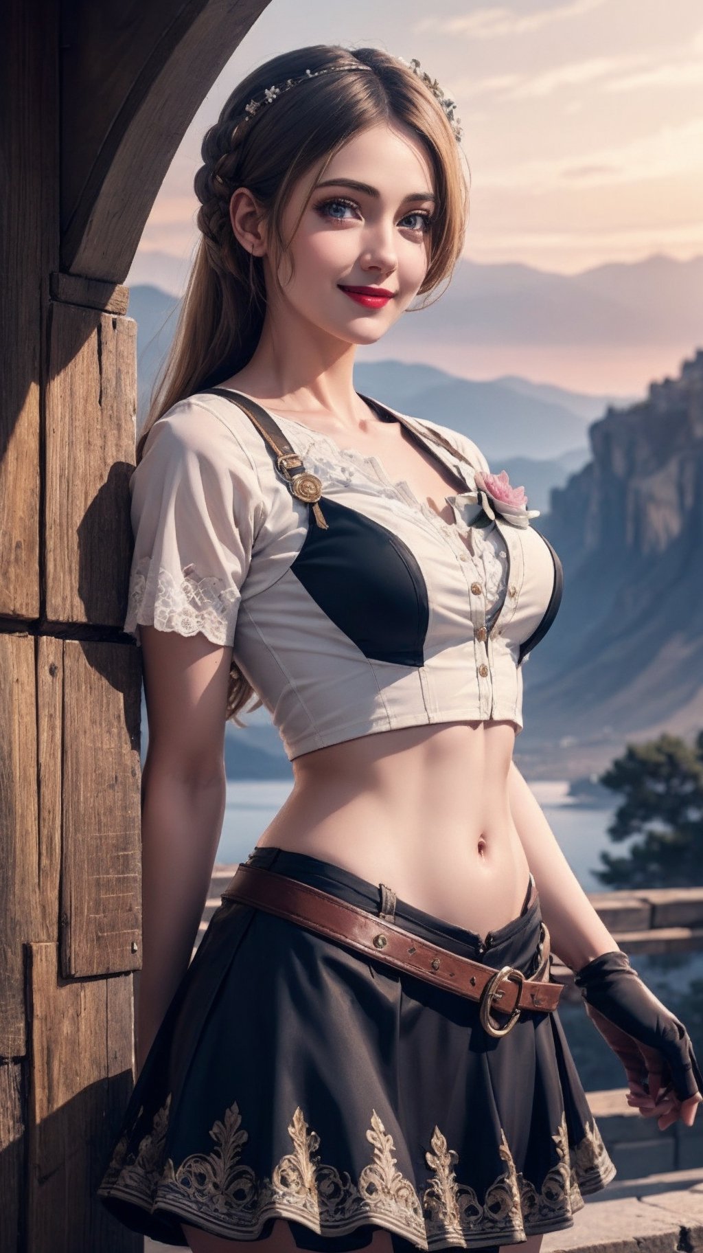 (masterpiece, high quality, best quality:1.3),
alexnadia, woman, long hair, dark brown eyes, dark brown hair, lipstick, smiling, excited, edgCosette, looking at viewer, smile, flower, skirt, gloves, midriff, underboob, suspenders, revealing clothes, wearing edgKLK_outfit,
extremely detailed, fine texture, Extremely high-resolution details,
(Epic scenery:1.05), (beautiful scenery:1.05), (detailed scenery:1.05), (intricate scenery:1.05), (wonderful scenery:1.05),
, , 
,edgCosette