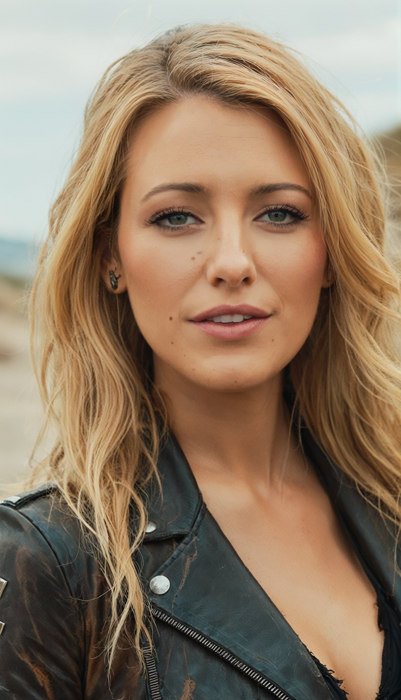 blake lively,ohwx woman,happy,color graded cinematic,high quality photography,light blonde hair,wasteland,leather jacket, 4k textures,4k resolution,DLSR,Canon EOS R3, lora:blakelively_SDXL:0.8,
