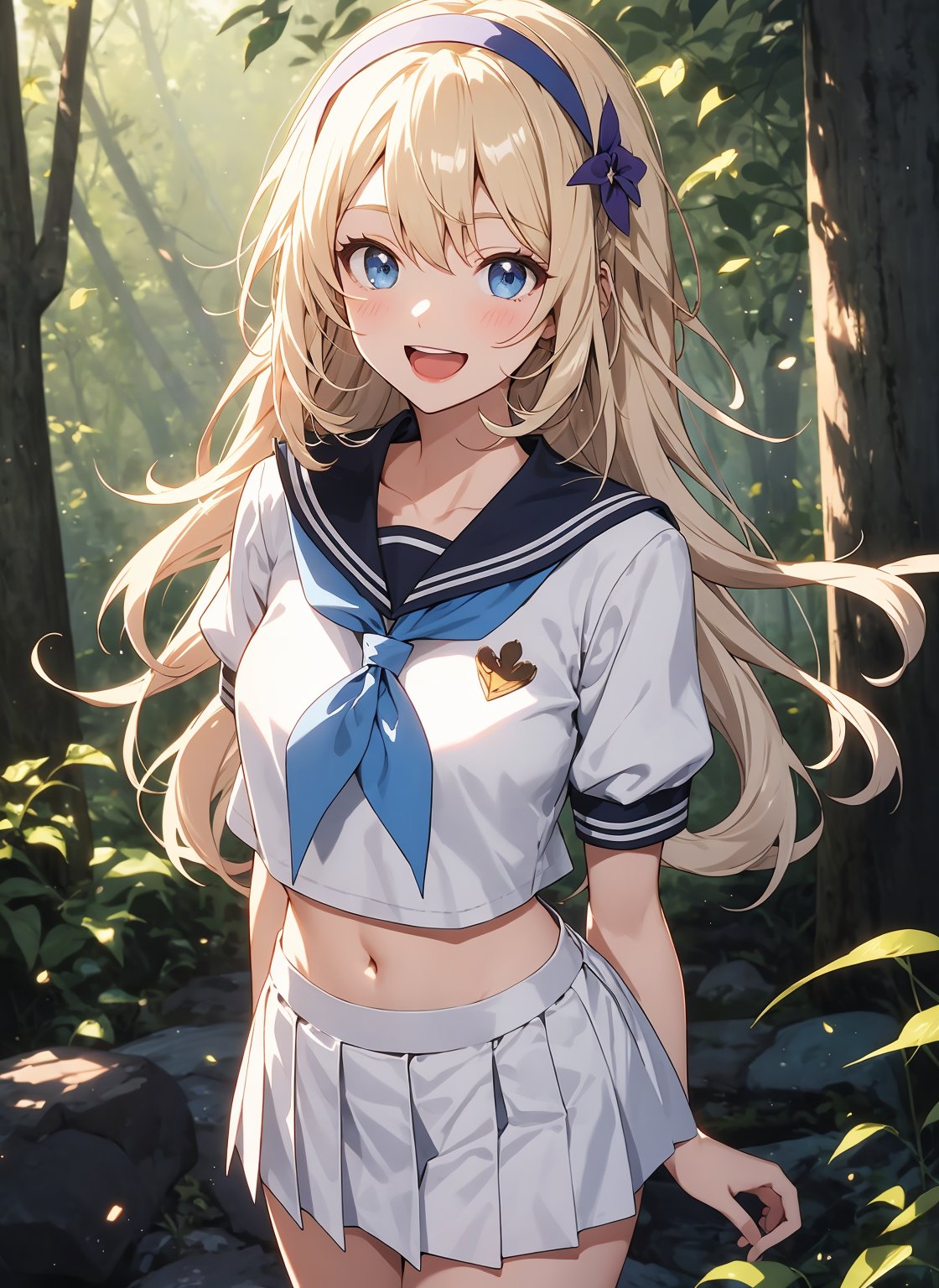 1girl,smile,honkai impact 3rd,hoyun,white serafuku,white shirt,stomach,elysia (honkai impact),skirt,white skirt,detailed forest background,purple neckerchief,arms behind back,highres,midriff,1girl, d,cowboy shot,looking at viewer,honkai (series),solo,white hairband,neckerchief,puffy sleeves,shirt,deep forest background,miniskirt,short sleeves,crop top,puffy short sleeves,pleated skirt,navel,commentary request,long hair,very long hair,hairband,school uniform,serafuku,standing,open mouth,blue eyes, blonde hair,