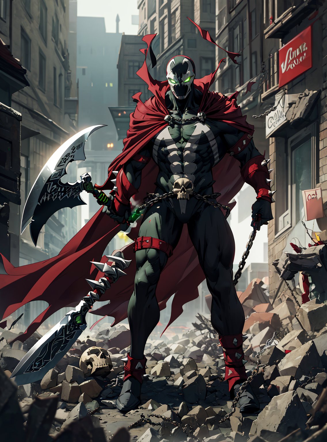 spawn2023, helmet, long red collar, red cowl, red cape, chains, skulls, glowing green eyes, red gauntlets, spikes, dramatic lighting, hyper realistic, raw image, 8k, muscular, uhd, best quality, award winning photo, rtx on, unreal engine 5, full body, wide angle shot, head to toe, gothic city, superhero pose, absurdres, long cape, large red boot, large gauntlet, flowing cape, round axe, asymmetrical red armor,
