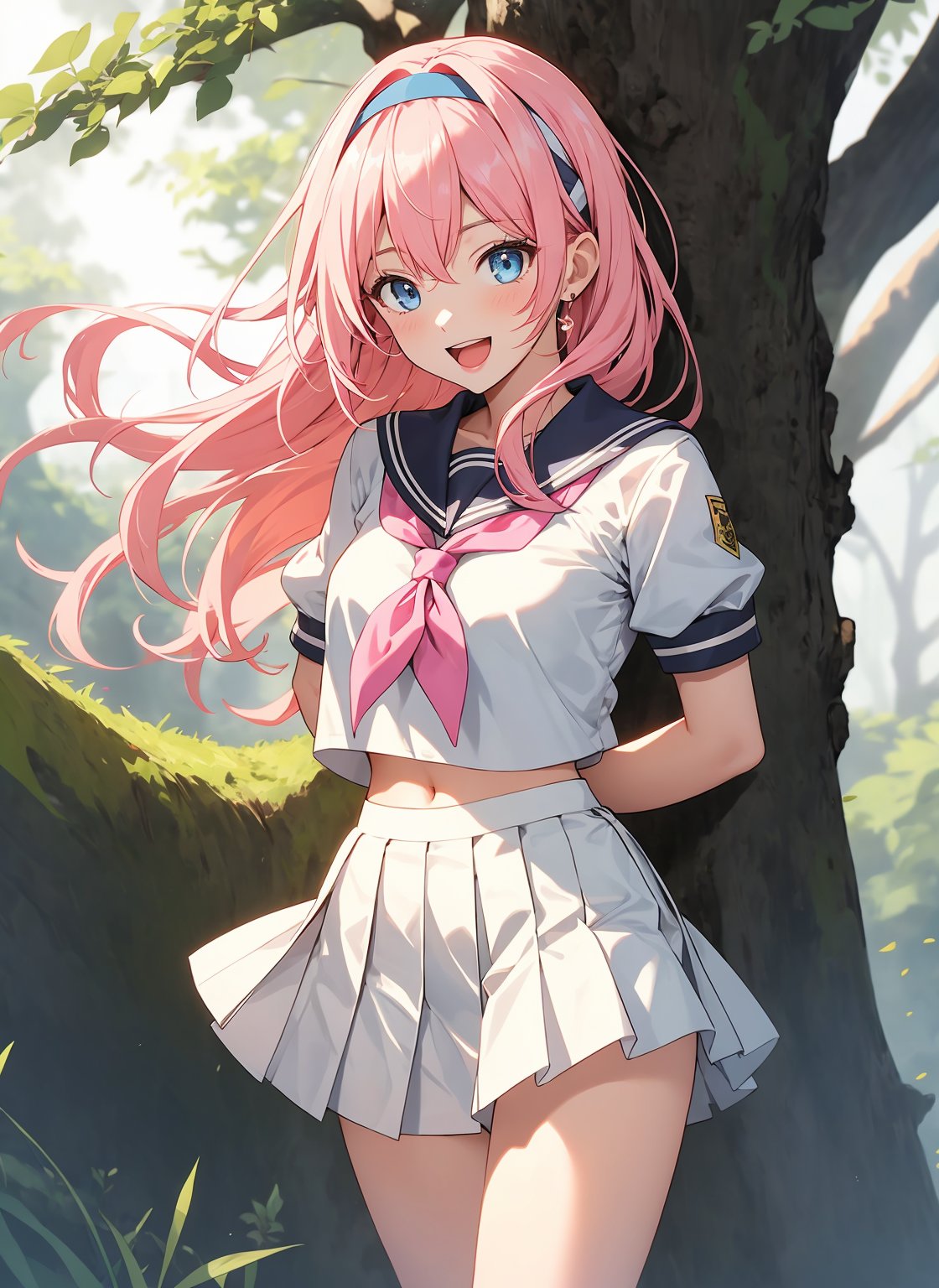 1girl,smile,honkai impact 3rd,hoyun,white serafuku,white shirt,stomach,elysia (honkai impact),skirt,white skirt,detailed forest background,purple neckerchief,arms behind back,highres,midriff,1girl, d,cowboy shot,looking at viewer,honkai (series),solo,white hairband,neckerchief,puffy sleeves,shirt,white background,miniskirt,short sleeves,crop top,puffy short sleeves,pleated skirt,navel,commentary request,long hair,very long hair,hairband,school uniform,serafuku,standing,open mouth,blue eyes,pink hair,