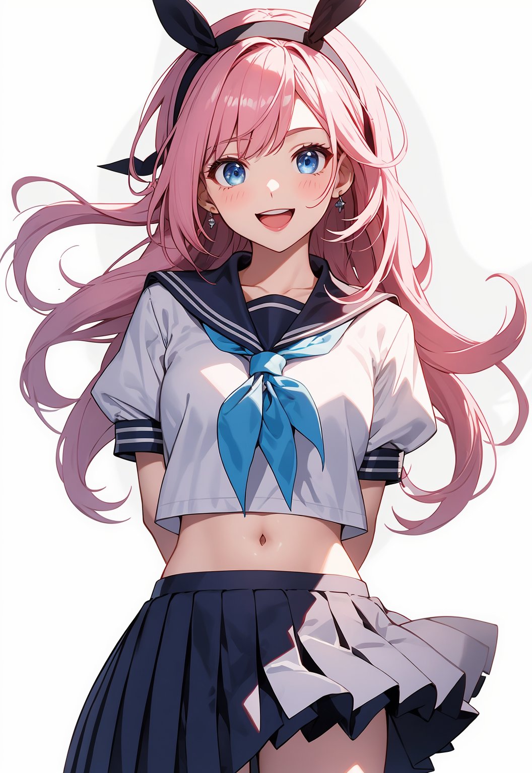 1girl,smile,honkai impact 3rd,hoyun,white serafuku,white shirt,stomach,elysia (honkai impact),skirt,white skirt,simple background,purple neckerchief,arms behind back,highres,midriff,1girl, d,cowboy shot,looking at viewer,honkai (series),solo,white hairband,neckerchief,puffy sleeves,shirt,white background,miniskirt,short sleeves,crop top,puffy short sleeves,pleated skirt,navel,commentary request,long hair,very long hair,hairband,school uniform,serafuku,standing,open mouth,blue eyes,pink hair,