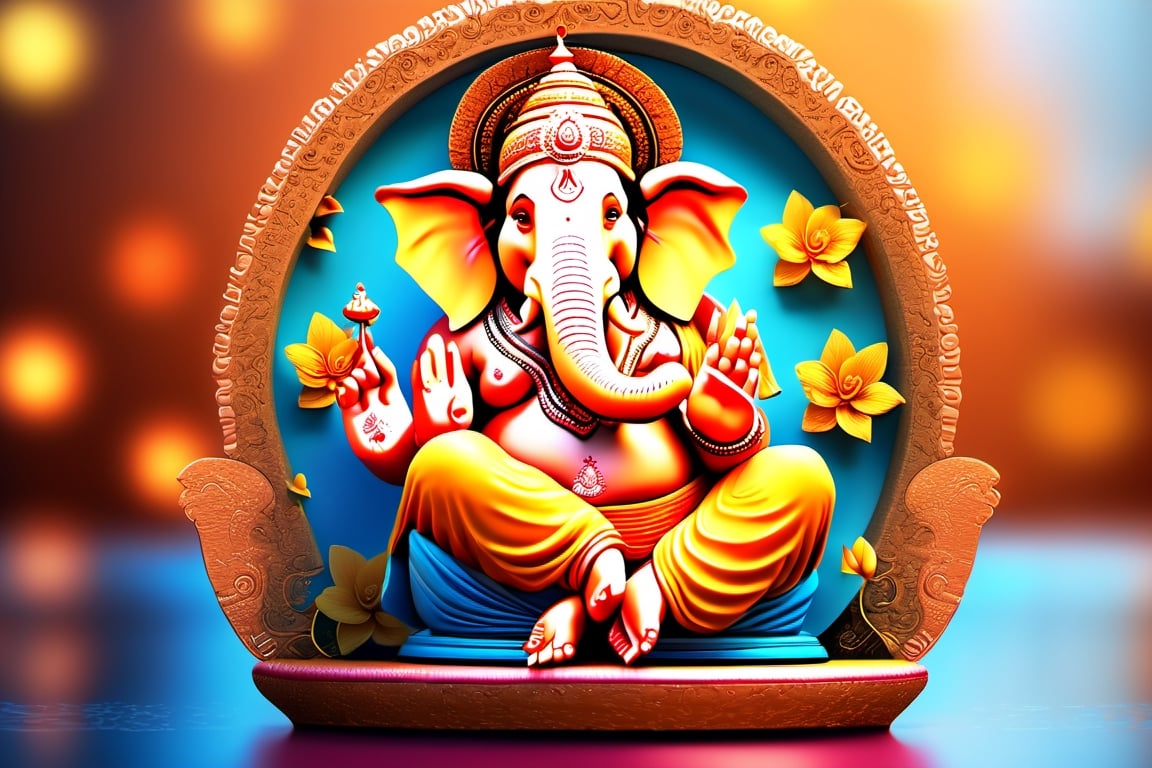 Ganpati Bappa , realistic, 3d_render, 4k, 32k uhd lighting, professional photography, reflection, professional lighting, colorful, detailed, gradiant_background , 