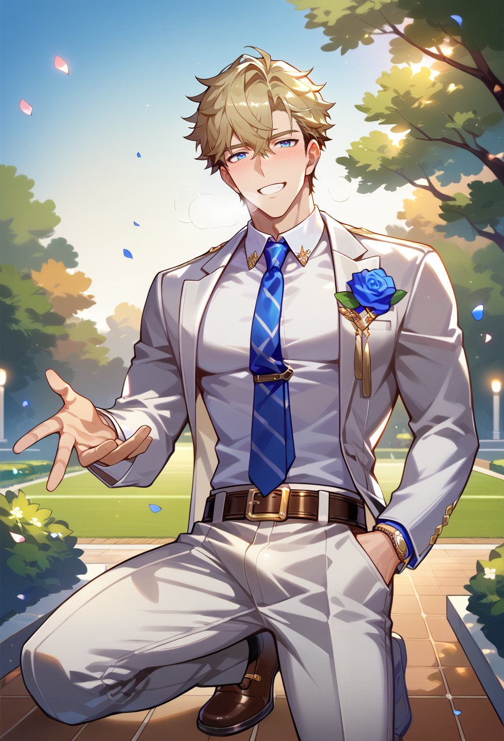 score_9, score_8_up, score_7_up, score_6_up, score_5_up, score_4_up,rating explicit,source_anime,1boy, man,solo,shoes focus,tall,muscular,slim,puffy pectorals under clothes,white suit, white shirt,wedding clothes,necktie,trouser, belt,(breathe deeply,sexy,blush,smile),one knee kneeling,proposing pose,(reaching his hand out),hand in pocket,romance,outdoor,garden,dawn,best quality,perfect shading,perfect anatomy, perfect proportions, high_resolution,best aesthetic, absurdres,Expressiveh,Gepard,blonde hair,tsurime,blue eyes