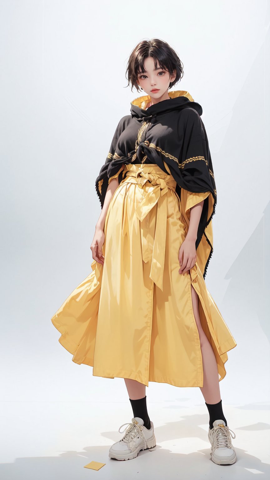 (masterpiece, realistic paper art), 1girl, solo, black short hair, (((black oversized poncho))), (((yellow long skirt))), (((red waist knot belt))), red socks, sneakers, Confidence and pride,1 girl ,beauty,Young beauty spirit, realistic, ultra detailed, photo shoot,(brilliant composition),chromatic_background