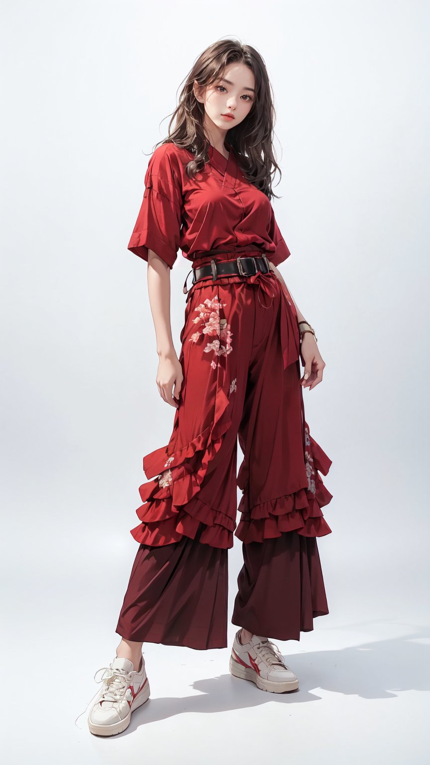 (masterpiece, realistic paper art), 1girl, solo, black long hair, (((red shirt))), (((red long layered Palazzo pants))), (((red waist obi belt))), red socks, red sneakers, Confidence and pride,1 girl ,beauty,Young beauty spirit, realistic, ultra detailed, photo shoot, flat_background