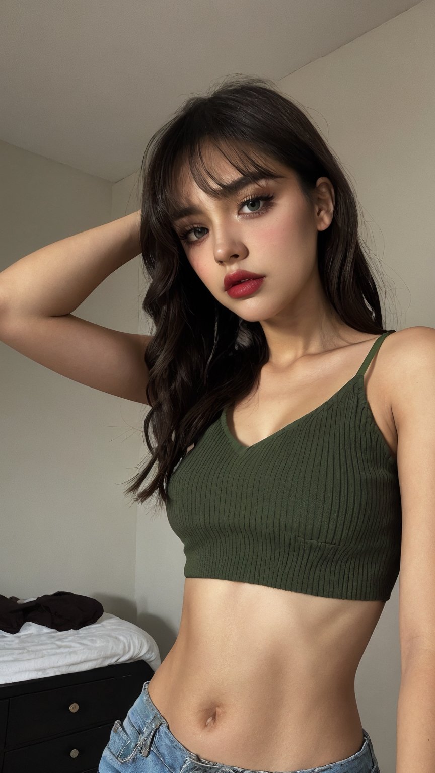 1girl, solo, midriff, portrait photo, closed mouth, long hair, bedroom background, bang hair, green cotton top, shorts, blunt bang, makeup, pouty lips, mobile click photo, mobile photo quality