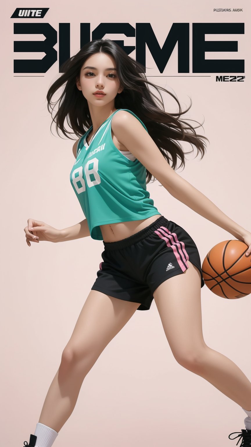 Against a warm, pink background, a stunning young woman with long black hair and confident gaze proudly holds a basketball in one hand, playing cool moves. She wears a sleek green top, bold black shorts, and matching socks that add a pop of color to her overall look. Her bright red sneakers seem to radiate energy and enthusiasm. The ultra-realistic paper art masterpiece captures the subject's beauty and youthful spirit with meticulous detail, as if plucked straight from a basketball magazine cover or poster.,((magazine cover background)),magazine cover 