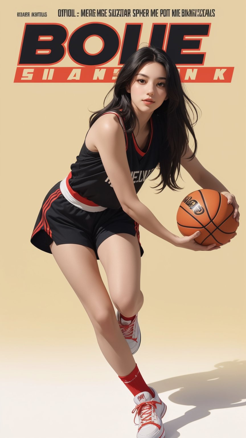 Against a warm, golden background, a stunning young woman with long black hair and confident gaze proudly holds a basketball in one hand. She wears a sleek black top, bold red shorts, and matching socks that add a pop of color to her overall look. Her bright red sneakers seem to radiate energy and enthusiasm. The ultra-realistic paper art masterpiece captures the subject's beauty and youthful spirit with meticulous detail, as if plucked straight from a basketball magazine cover or poster.,magazine cover