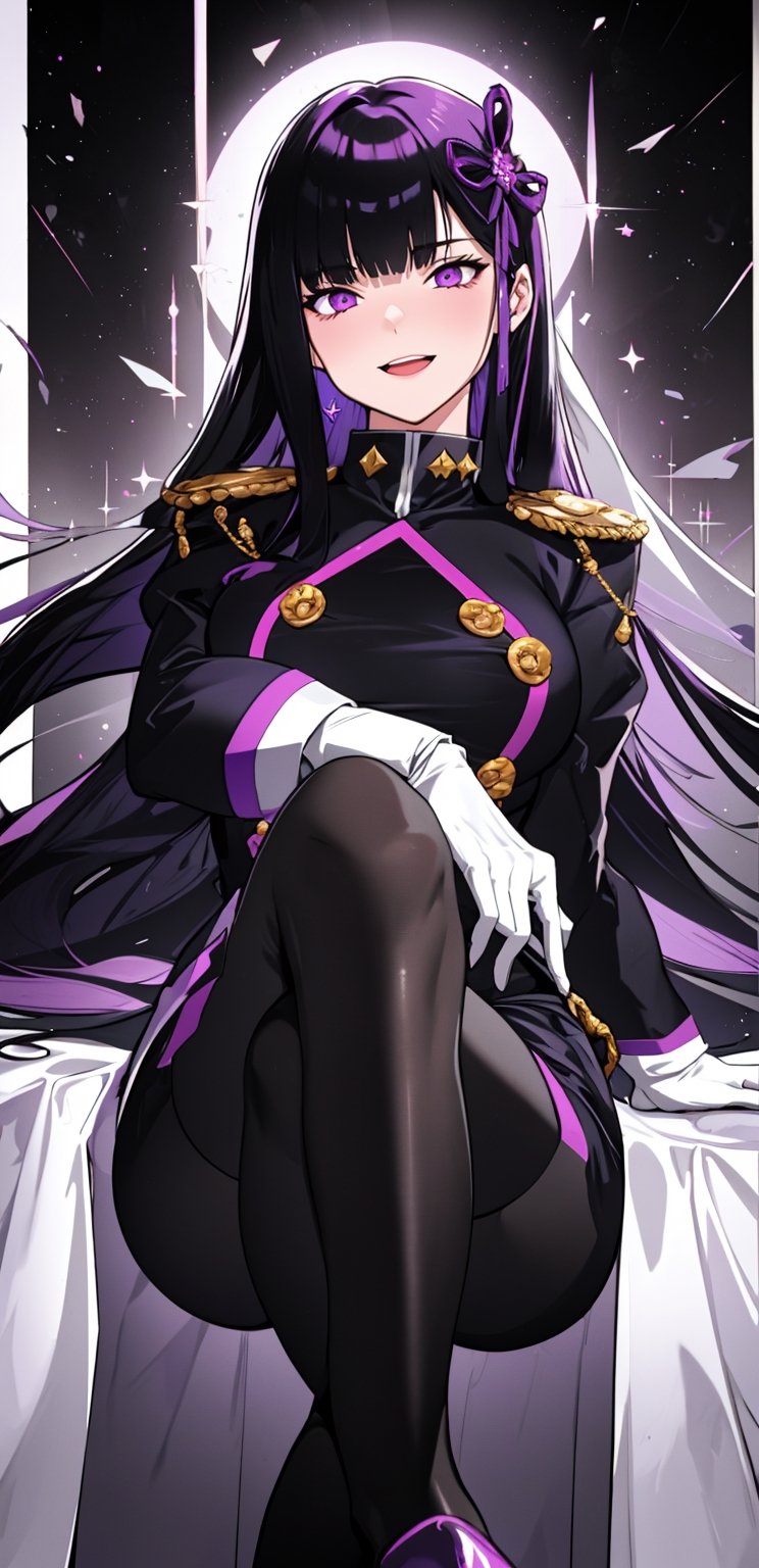 1girl, arrogant,solo, long hair, breasts, looking at viewer, smile, open mouth, bangs, skirt, black hair, hair ornament, gloves, sitting, purple eyes, purple hair, pantyhose, white gloves, cape, black pantyhose, crossed legs, epaulettes, uniform, from below, YamashiroRen