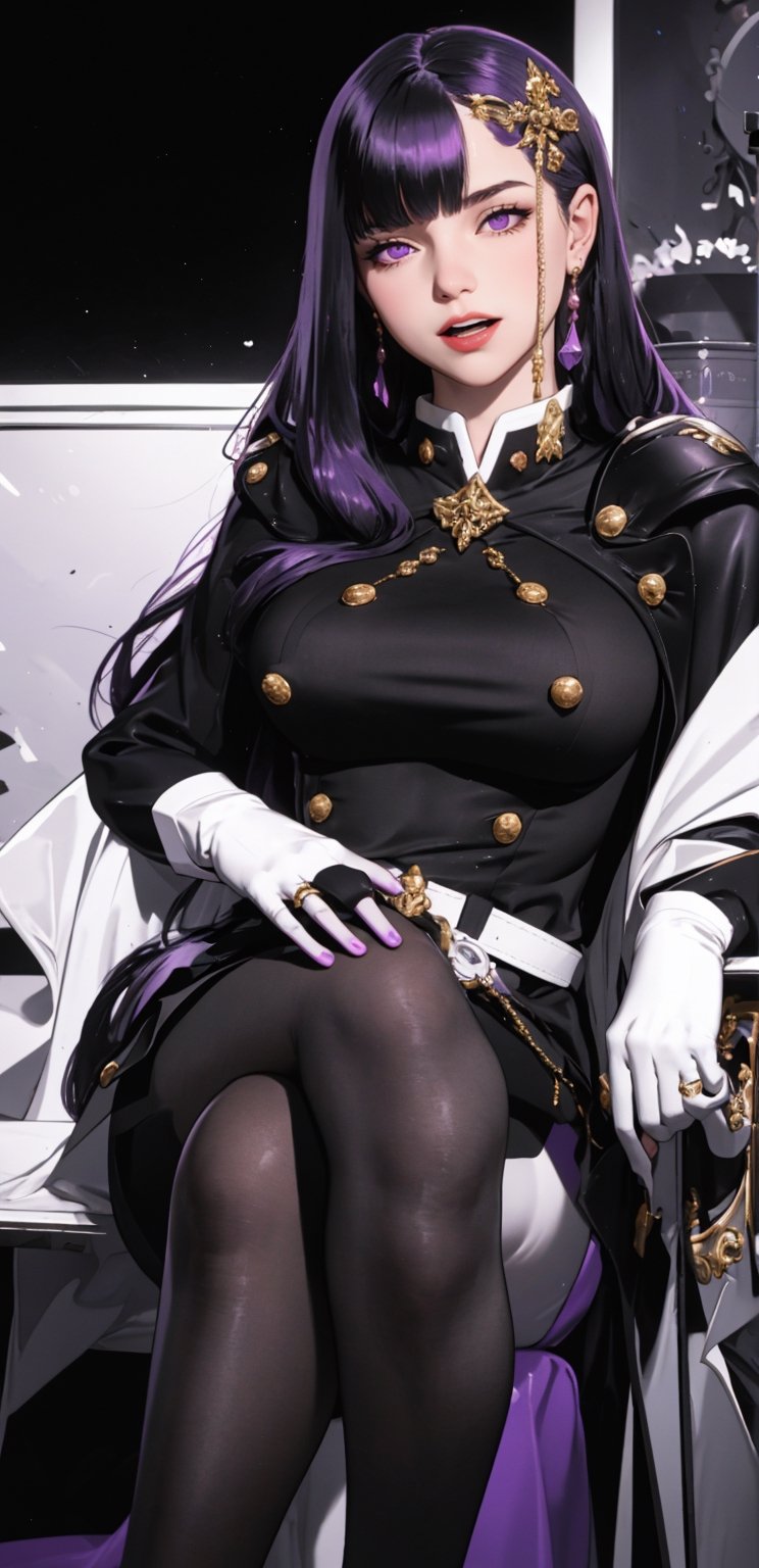 1girl, arrogant,solo, long hair, breasts, looking at viewer, smile, open mouth, bangs, skirt, black hair, hair ornament, gloves, sitting, purple eyes, purple hair, pantyhose, white gloves, cape, black pantyhose, crossed legs, epaulettes, uniform, from below, YamashiroRen