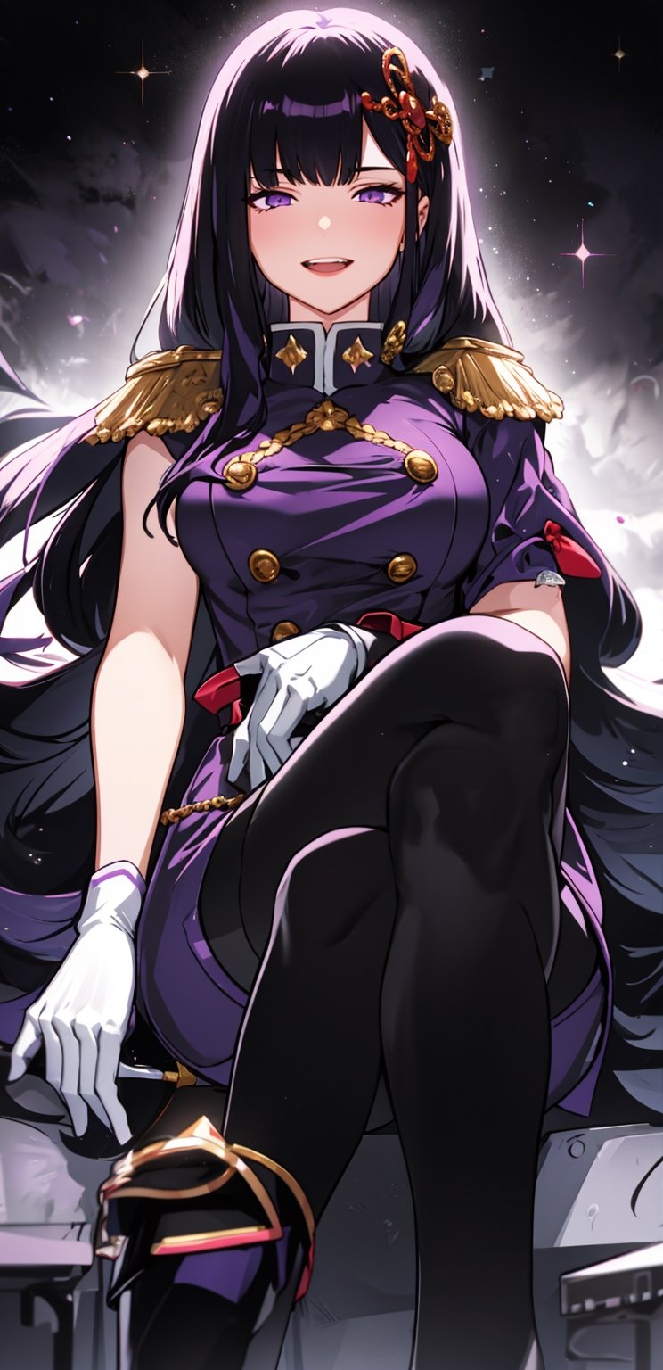 1girl, arrogant,solo, long hair, breasts, looking at viewer, smile, open mouth, bangs, skirt, black hair, hair ornament, gloves, sitting, purple eyes, purple hair, pantyhose, white gloves, cape, black pantyhose, crossed legs, epaulettes, uniform, from below, YamashiroRen