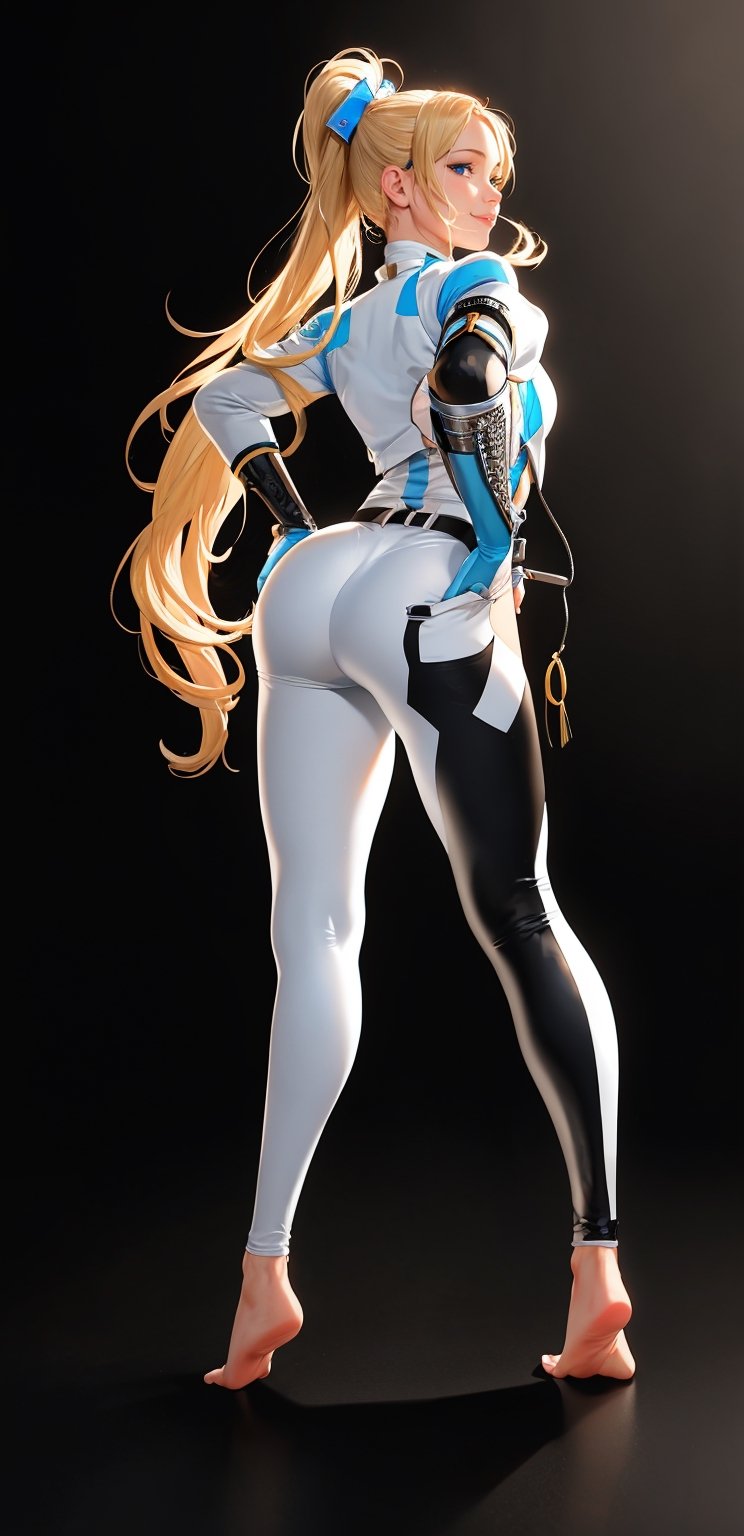 1girl, solo, blonde hair, smile, simple background, white background, blue eyes, standing, full body, bodysuit, leggings, ponytail, ass, barefoot, looking back, feet, hand on hip, back, realistic,simple_background 