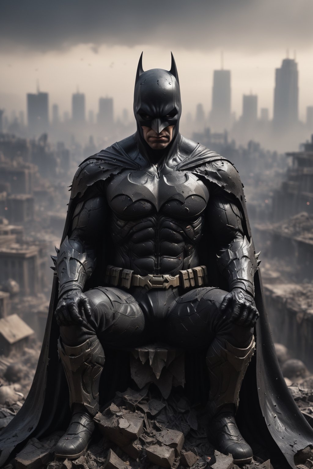 A hyper-realistic, detailed, and cinematic rendering of Batman sitting on a mountain of skulls. He is wearing his battle-damaged Batsuit, which has scratches, tears, and bloodstains, a shredded cape and cowl, tattered armor plating, and a scuffed and cracked helmet. He is surrounded by smoke and debris. The background is a dark cityscape, symbolizing the dangerous world he inhabits. Batman's silhouette is imposing and powerful. The lighting is dramatic and cinematic, with strong shadows and highlights that accentuate the details of his costume and the skulls. The render is ultra-realistic and of high quality, with sharp details and textures, photorealistic skin and hair, and a cinematic atmosphere.