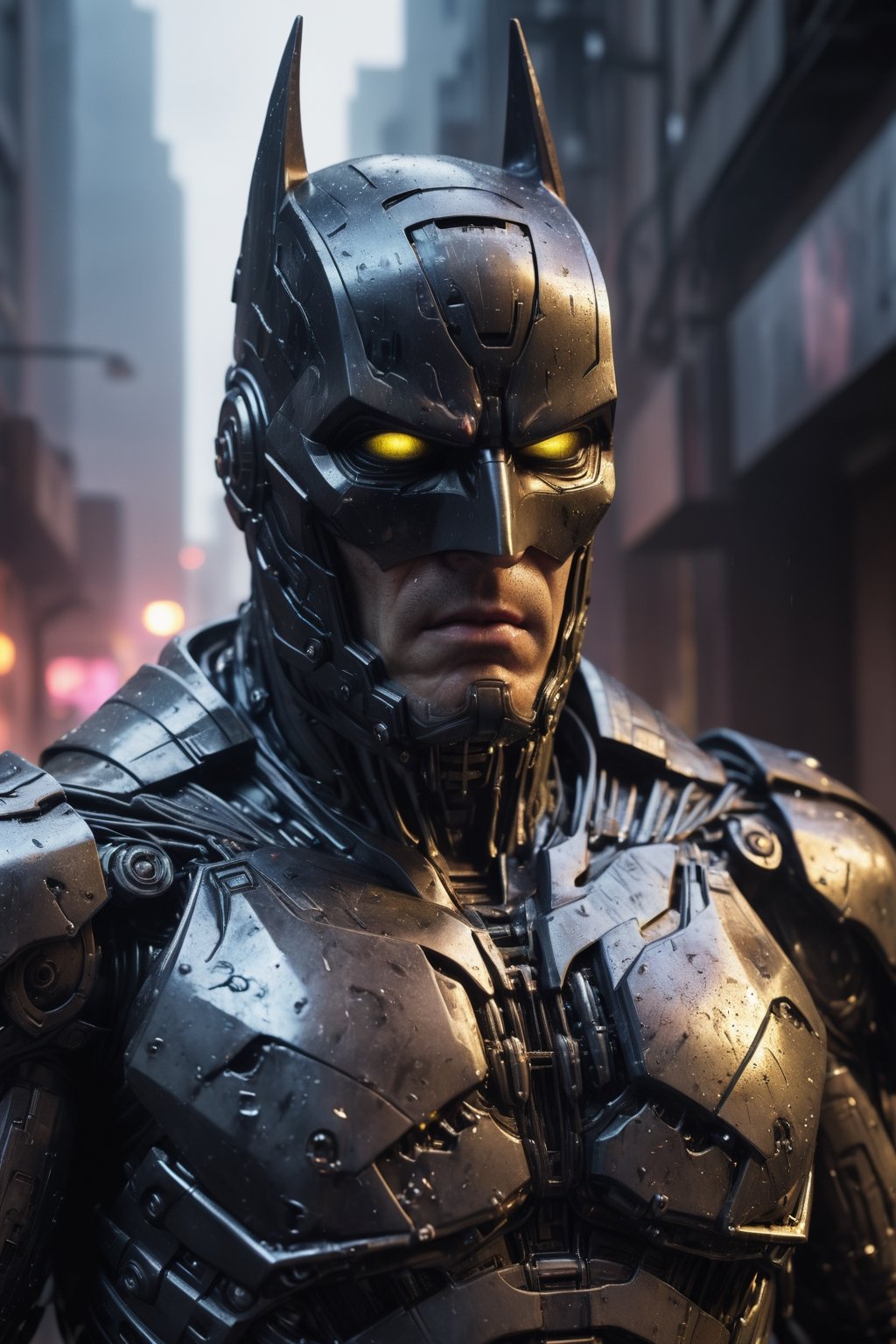 A hyper-realistic, detailed, and cinematic rendering of Terminator Batman from DC Comics. He is wearing his battle-damaged Batsuit, which has exposed cybernetic enhancements, glowing circuitry, a shredded cape and cowl with integrated HUD display, tattered armor plating with hydraulic pistons and servos, and a scuffed and cracked helmet with integrated targeting system. He is standing in a rain-soaked alleyway, surrounded by defeated enemies, with smoke and neon lights reflecting off his armor. The background is a futuristic cityscape, symbolizing the dystopian world he inhabits. Batman's menacing aura is radiating around him. The lighting is dramatic and cinematic, with strong shadows and highlights that accentuate the details of his costume and cybernetic enhancements. The render is ultra-realistic and of high quality, with sharp details and textures, photorealistic skin and hair, and a cinematic atmosphere.

