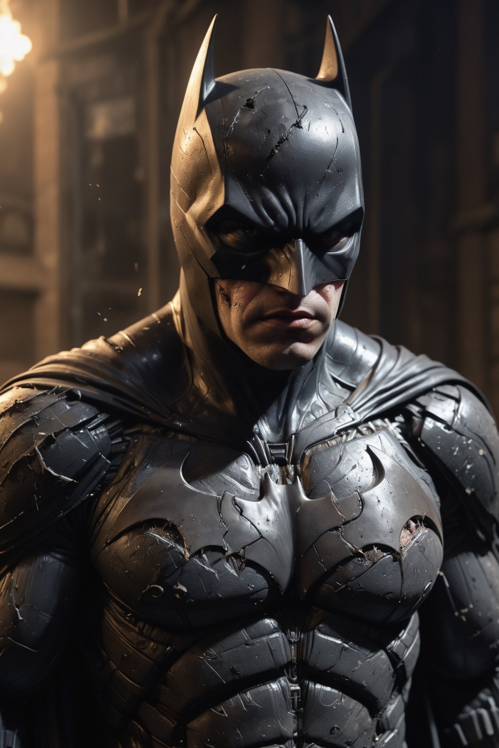 A hyper-realistic, detailed, and cinematic rendering of Batman from DC Comics. He is wearing his battle-damaged Batsuit, which has exposed wiring, circuitry, a shredded cape and cowl, tattered armor plating, and a scuffed and cracked helmet. He is kneeling on one knee, surrounded by defeated enemies, with smoke and debris billowing around him. The background is a dark alleyway, symbolizing the dangerous world he inhabits. Batman's indomitable spirit is shining through his injuries. The lighting is dramatic and cinematic, with strong shadows and highlights that accentuate the details of his costume and injuries. The render is ultra-realistic and of high quality, with sharp details and textures, photorealistic skin and hair, and a cinematic atmosphere.

